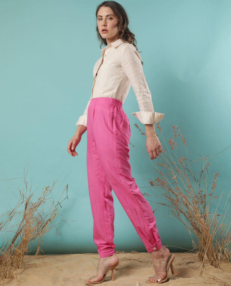 Rareism Women Erin Flouroscent Pink Modal Linen Fabric Tailored Fit Mid Rise Solid Ankle Length Trousers