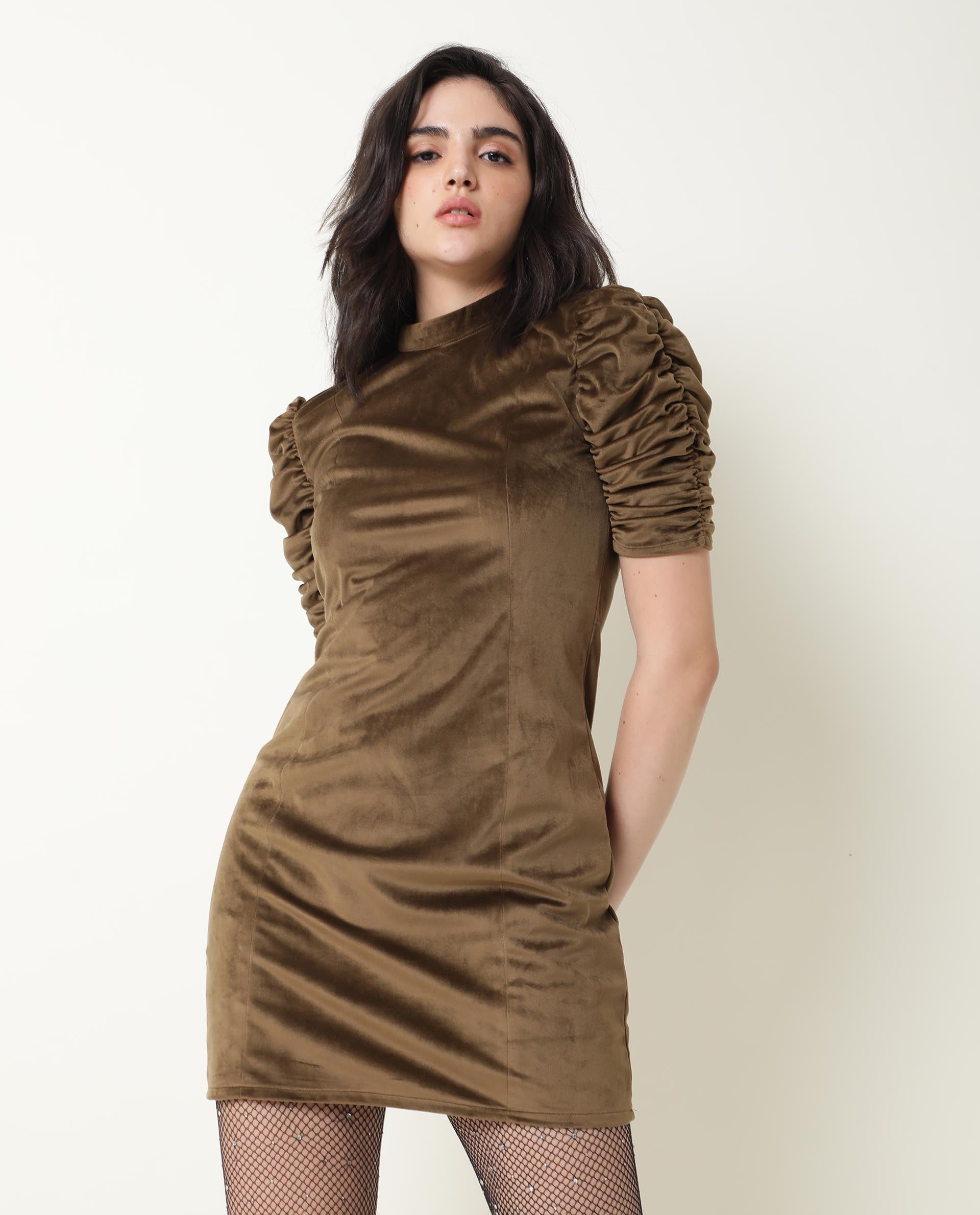 Rareism Women Winey Olive Round Neck Ruched Half Sleeves Mini Dress