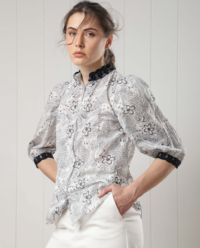 Rareism Women Museo White Cotton Fabric 3/4Th Sleeves Button Closure Mandarin Collar Puff Sleeve Regular Fit Floral Print Top