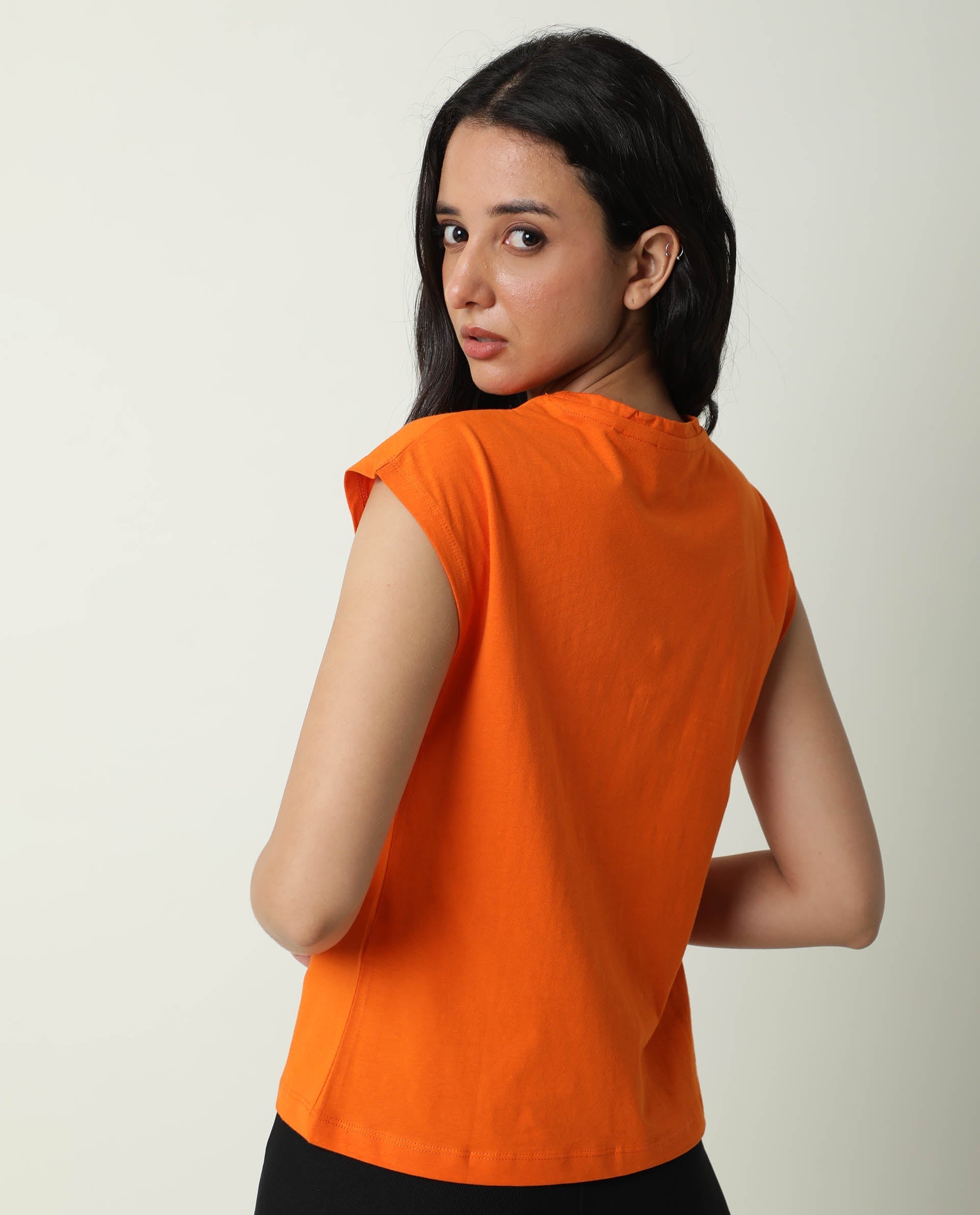 Rareism Women Race Orange Cotton Fabric Regular Fit Half Sleeves Graphic Print Round Neck T-Shirt