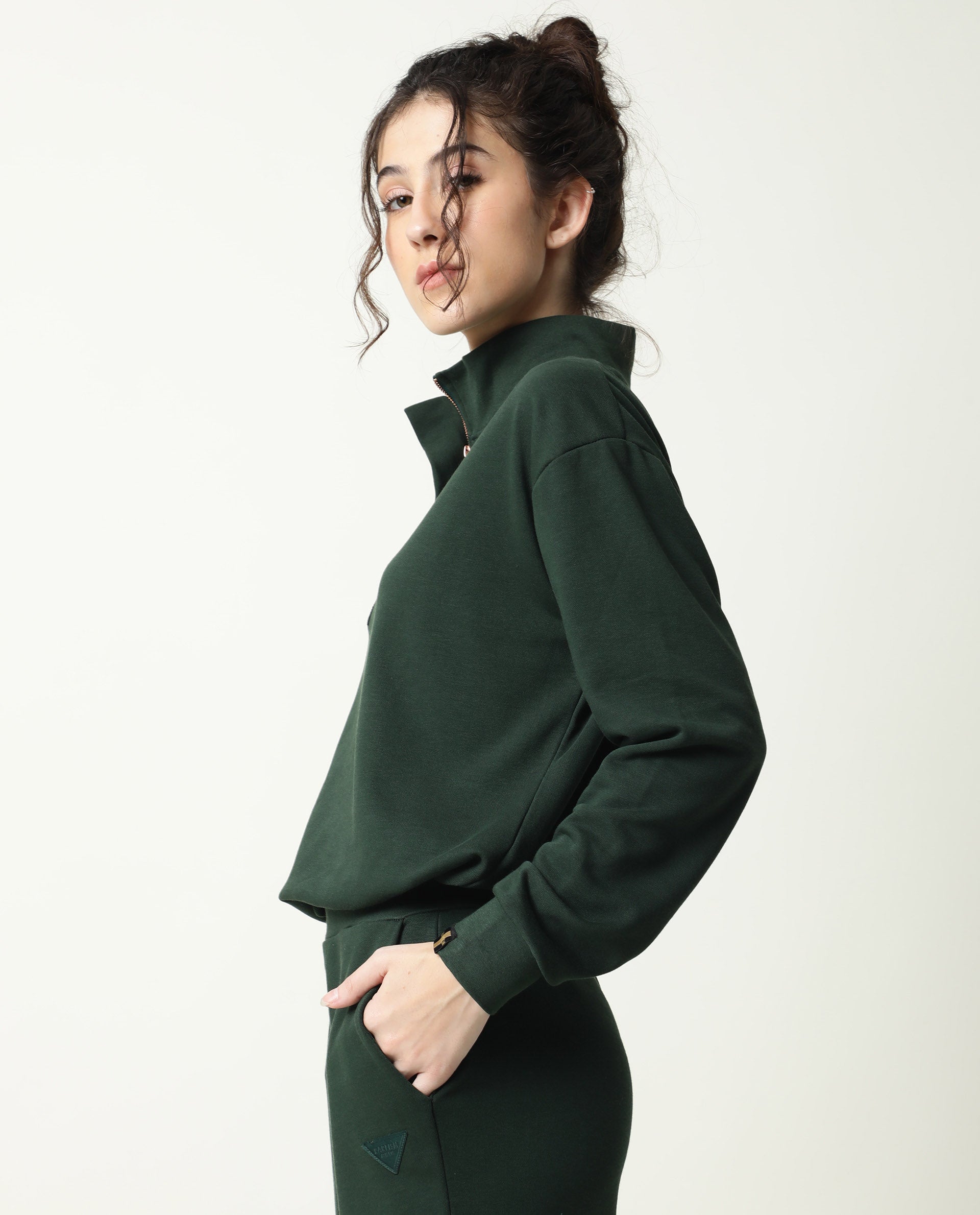 Rareism Women Taffy-1 Green  Relaxed Fit Full Sleeves Solid High Neck Sweatshirt