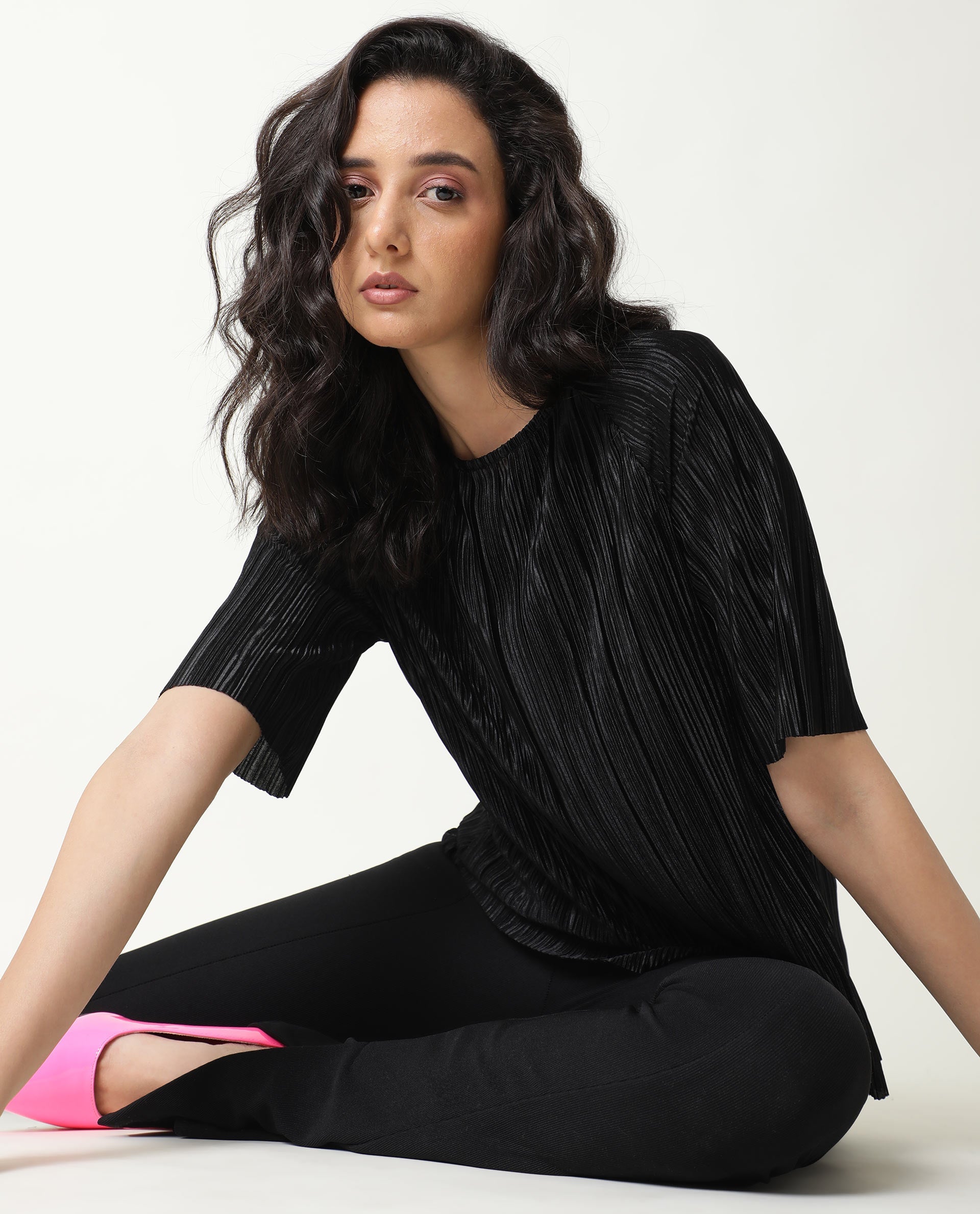 Rareism Women Shory Black Top Polyester Fabric Full Sleeves Solid