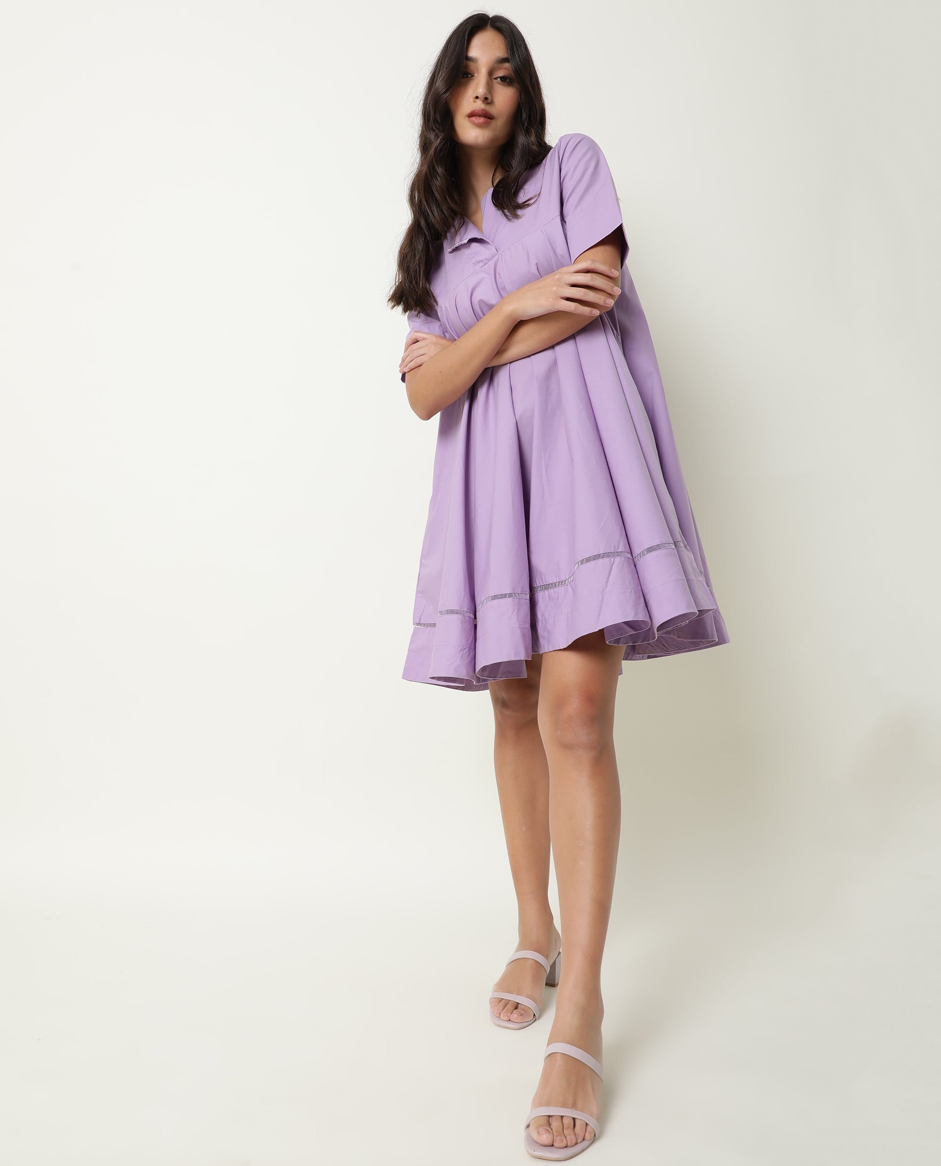 Rareism Women Scream Pastel Purple Cotton Fabric Half Sleeves Ruffled Neck Solid Knee Length Dress