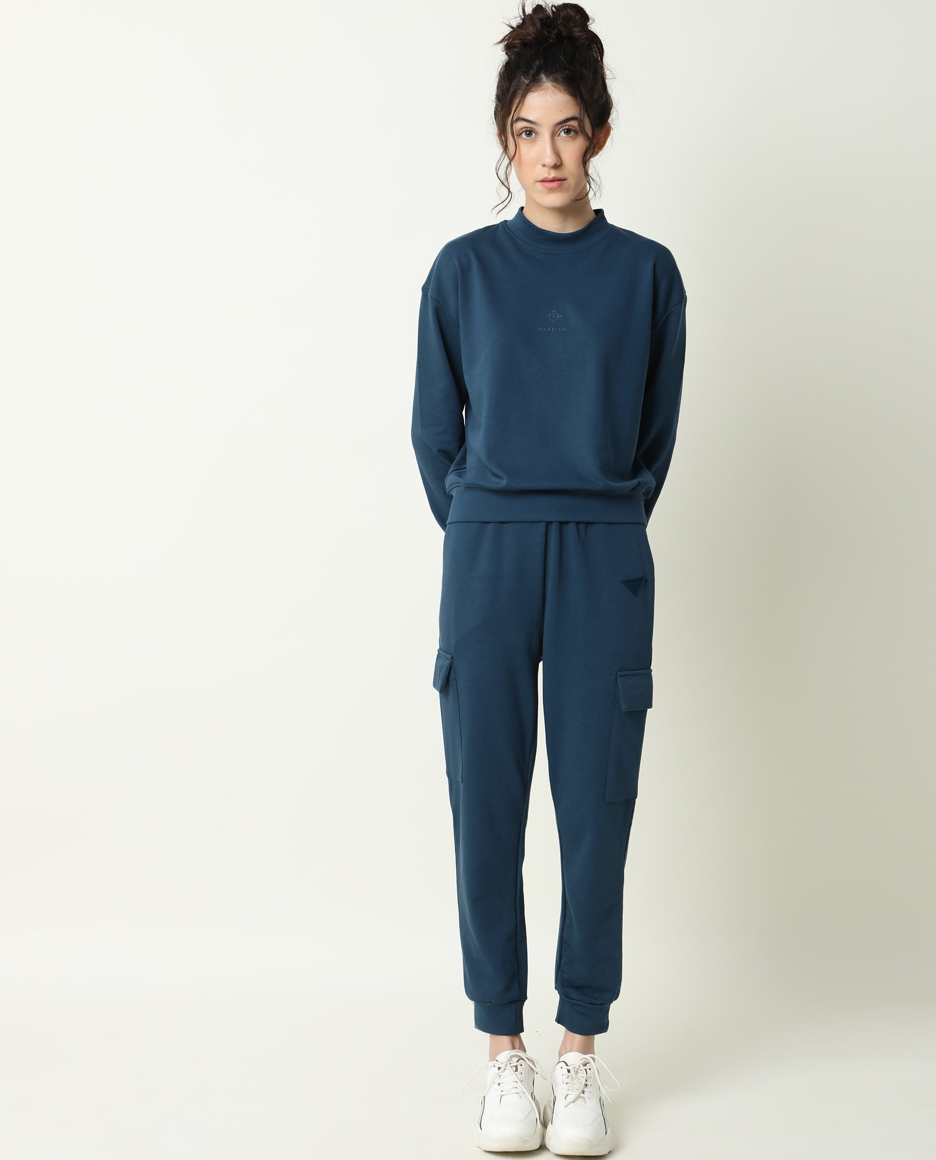 Rareism Women Nush-1 Petrol Poly Cotton Fabric Regular Fit Solid Mid Rise Ankle Length Track Pant