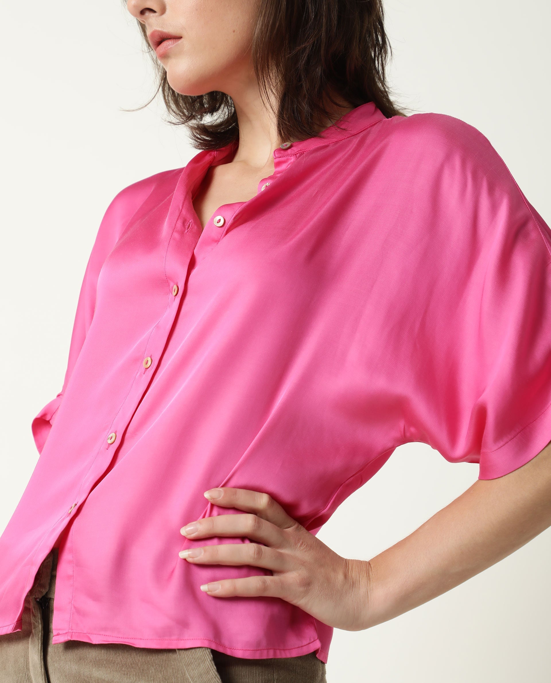 Rareism Womens Paige Pink Top Modal Satin Fabric Regular Fit Kimono Sleeve Mandarin Neck