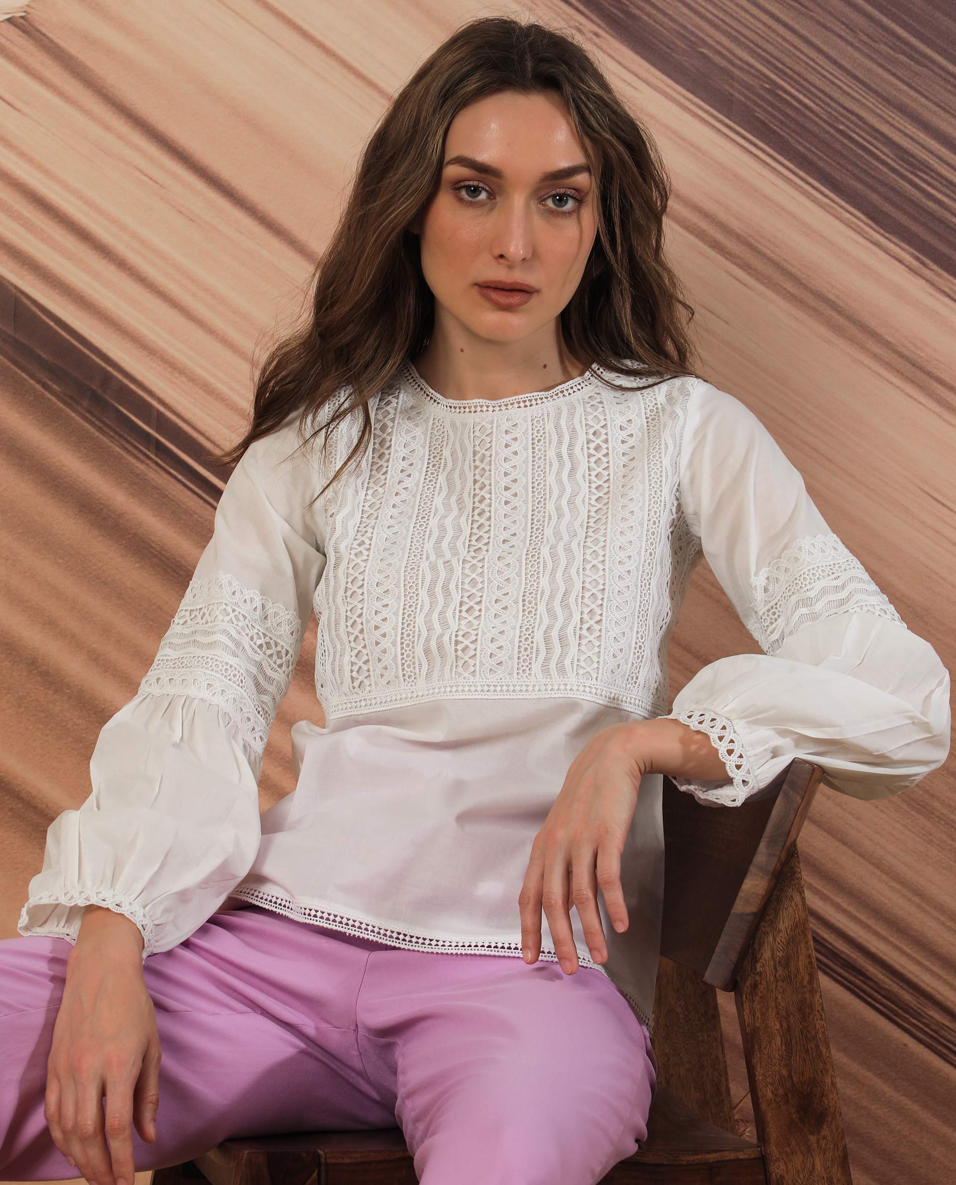 Rareism Women's Minnie White Cotton Boat Neck Plain Bishop Sleeve Regular Fit Top