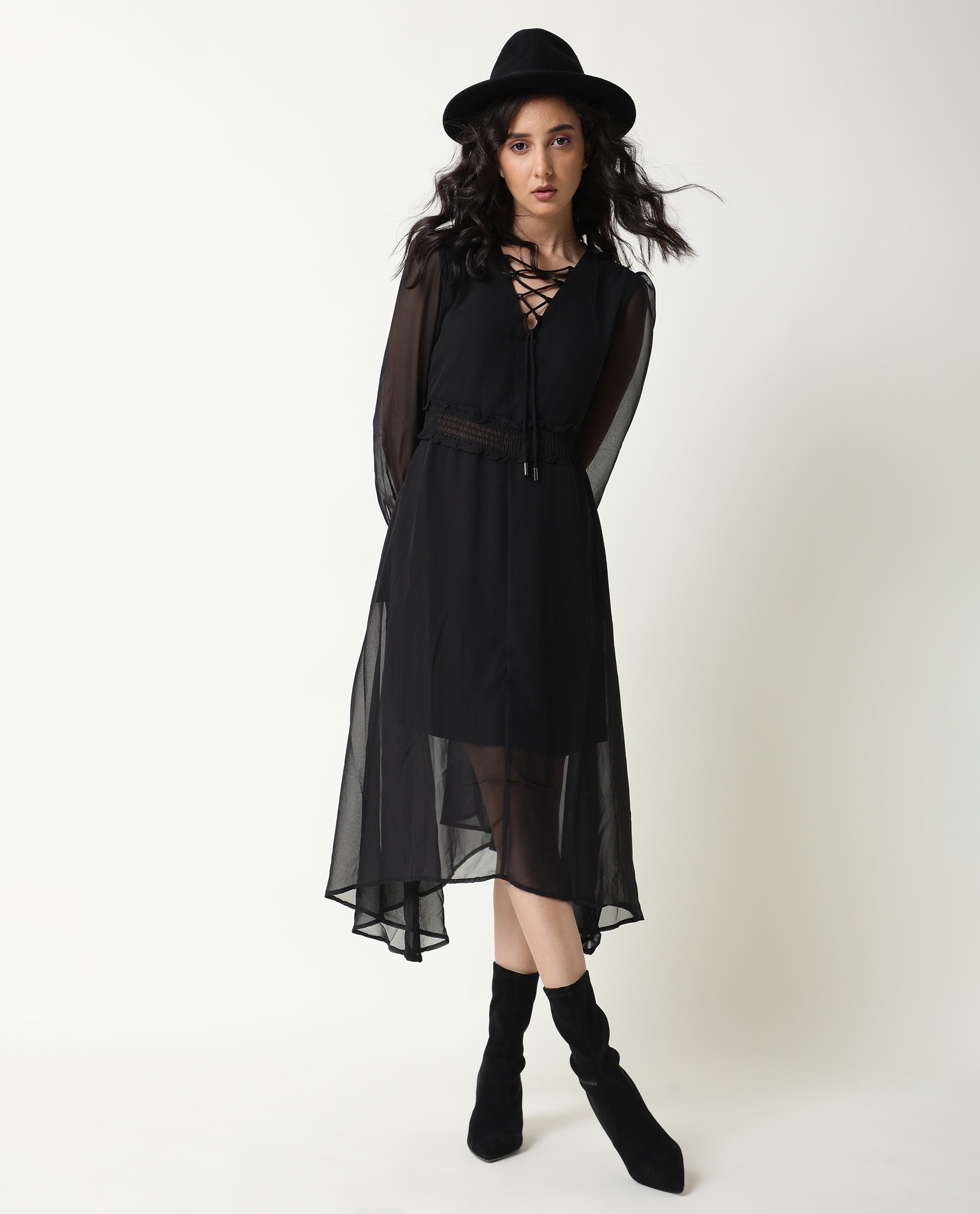 Rareism Women Ommet Black V Neck Criss Cross Tie Up Neckline Full Sleeve Smocked Waist Panel Asymmetric Knee Length Dress