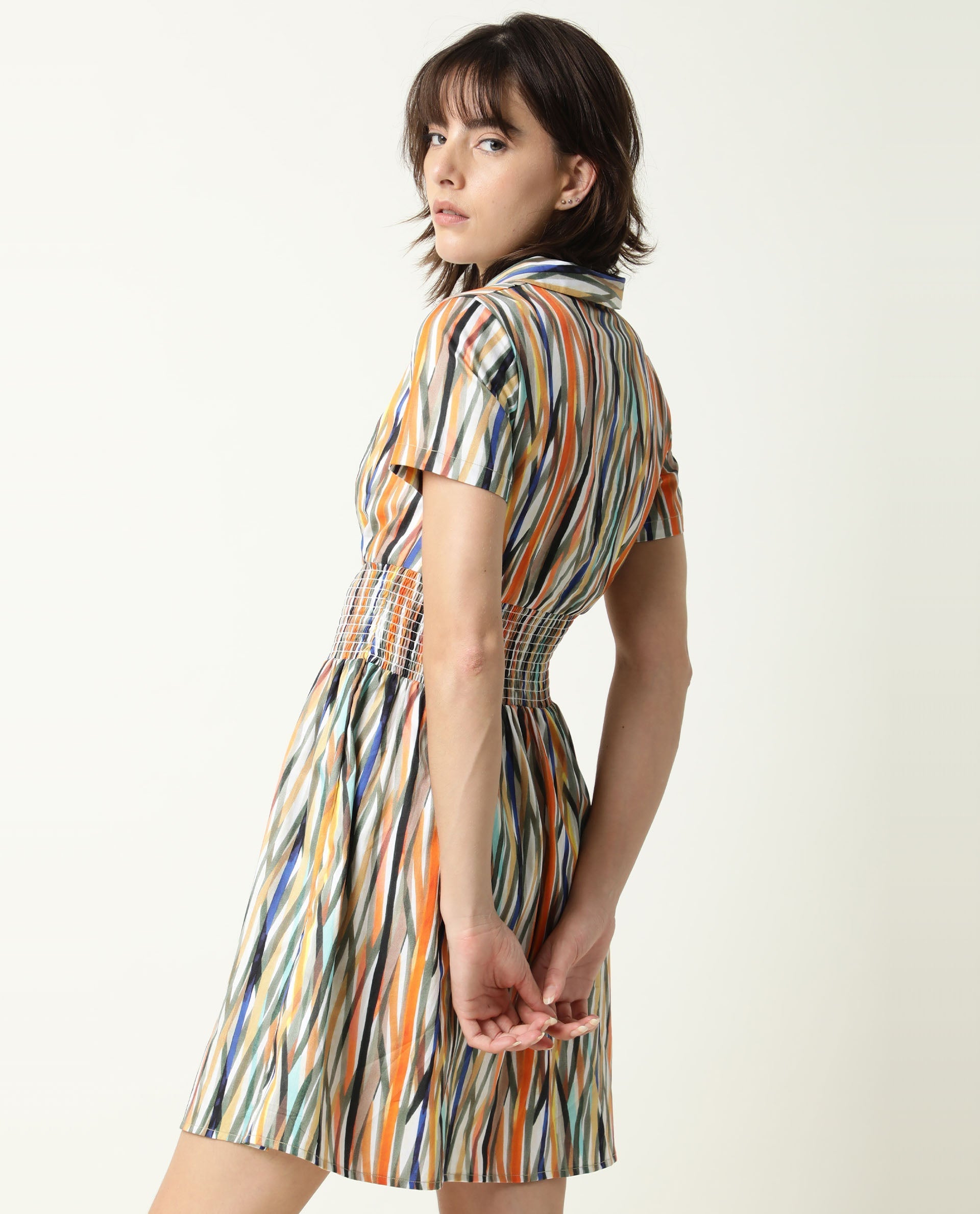 Rareism Women's Shallom Multi V-Neck Abstract Print Knee Length Regular Fit Dress