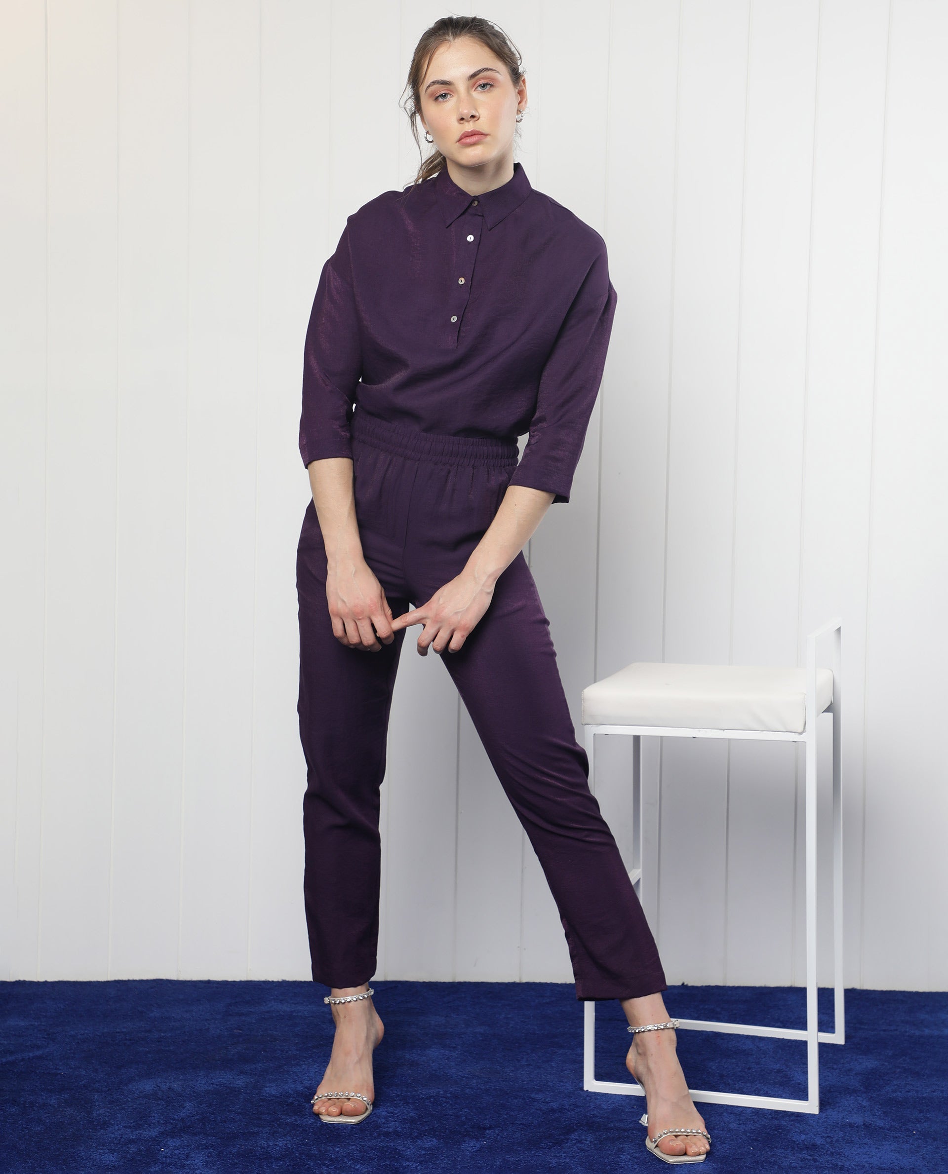 Rareism Women Velynn Dark Purple Polyester Fabric Regular Fit Shirt Collar 3/4Th Sleeves Solid Top