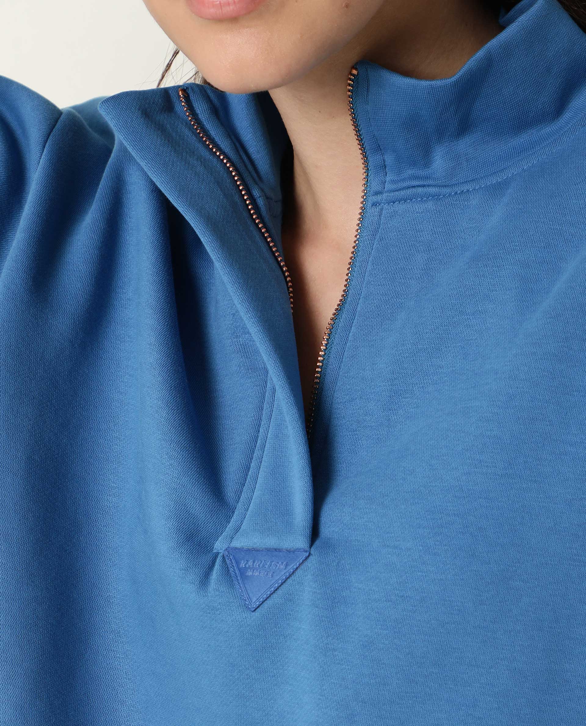 Rareism Women Taffy-1 Blue  Relaxed Fit Full Sleeves Solid High Neck Sweatshirt