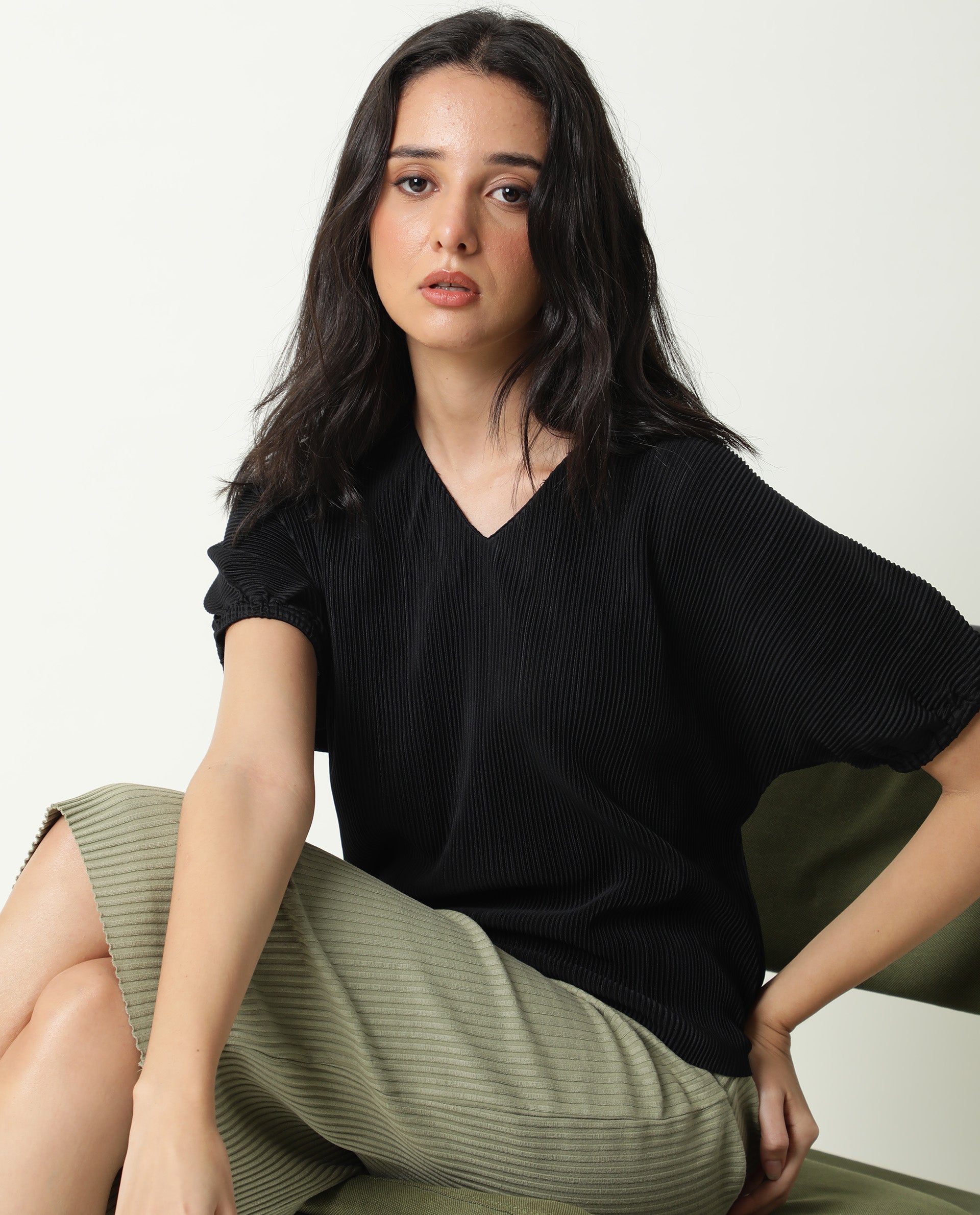 Rareism Womens Soho Black Top Polyester Fabric Regular Fit Extended Sleeves Round Neck
