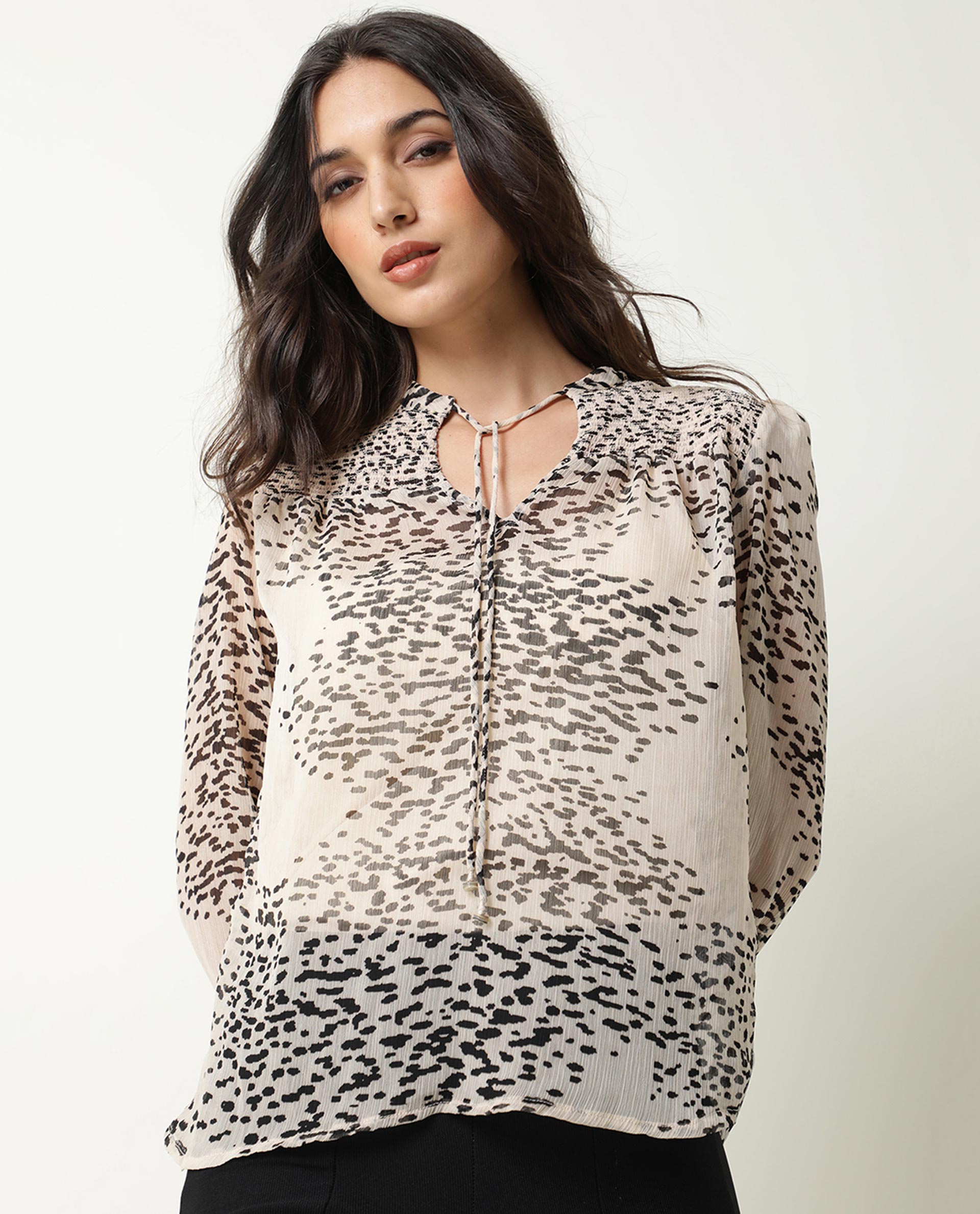 Rareism Women Claude Light Beige Polyester Fabric Regular Fit Tie-Up Neck Full Sleeves Abstract Print Top