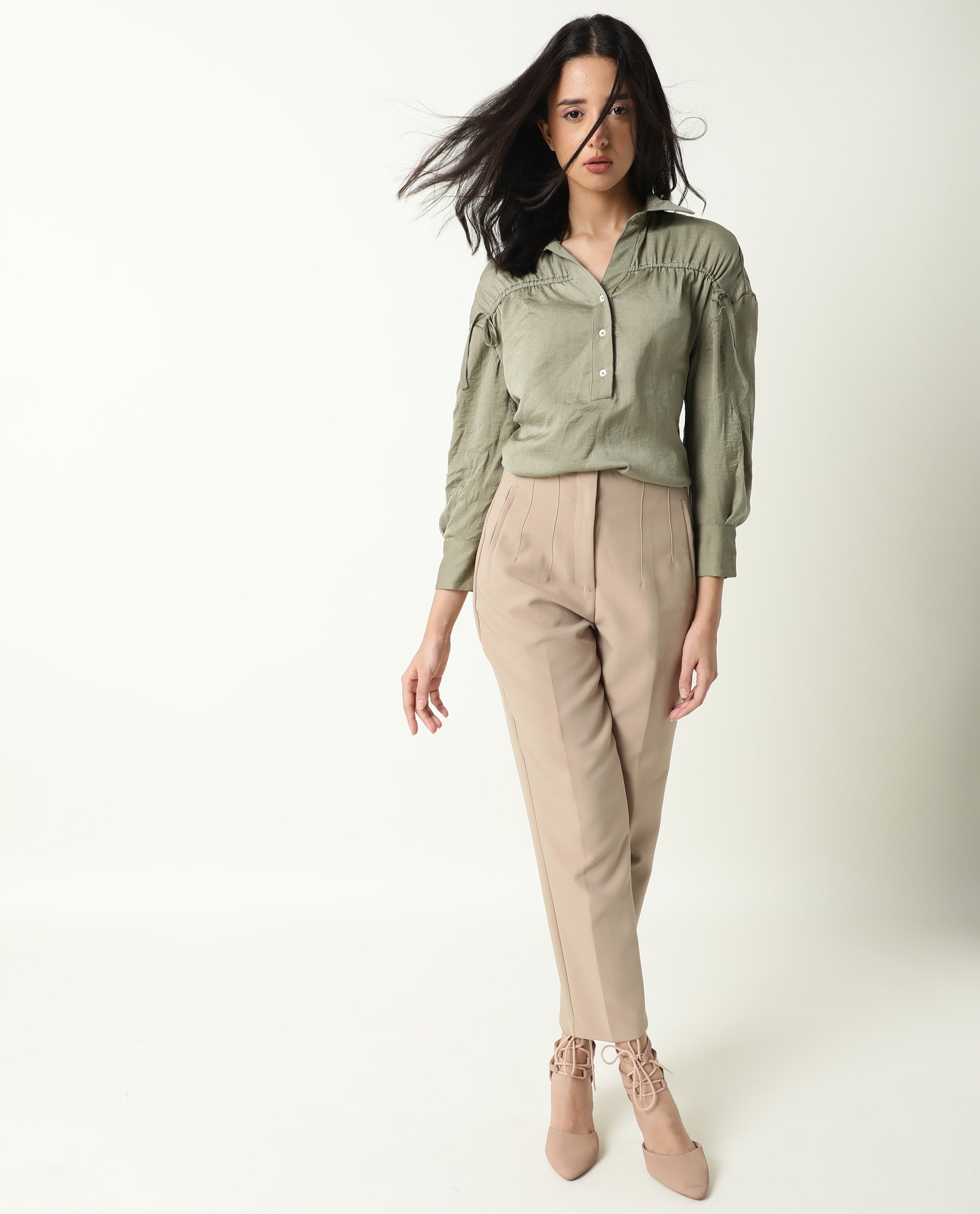 Rareism Women's Hullay Green Spread Collar Plain Knee Length Tailored Top