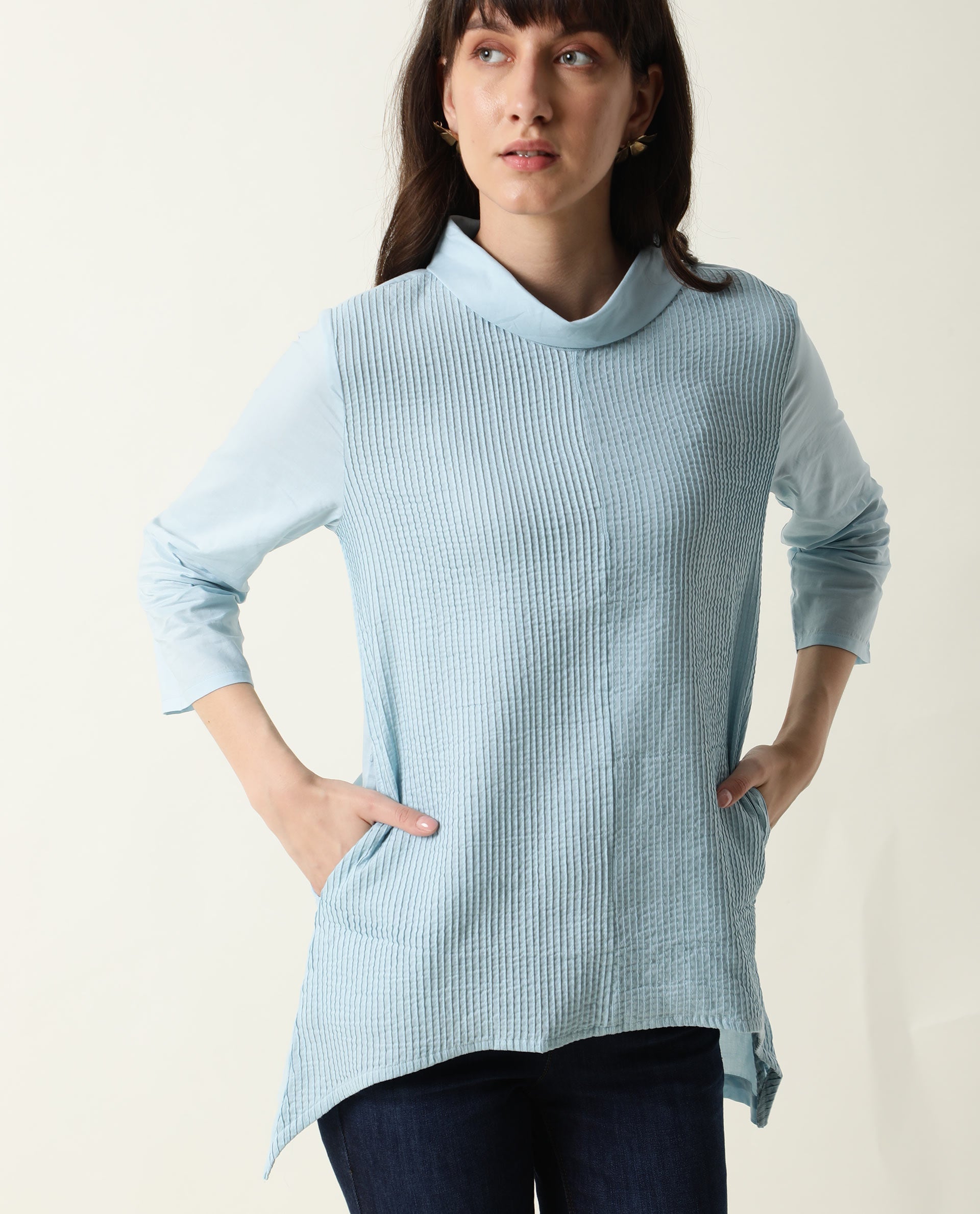 Rareism Women's Printol Blue Cotton Turtle Neck Plain Regular Fit Top