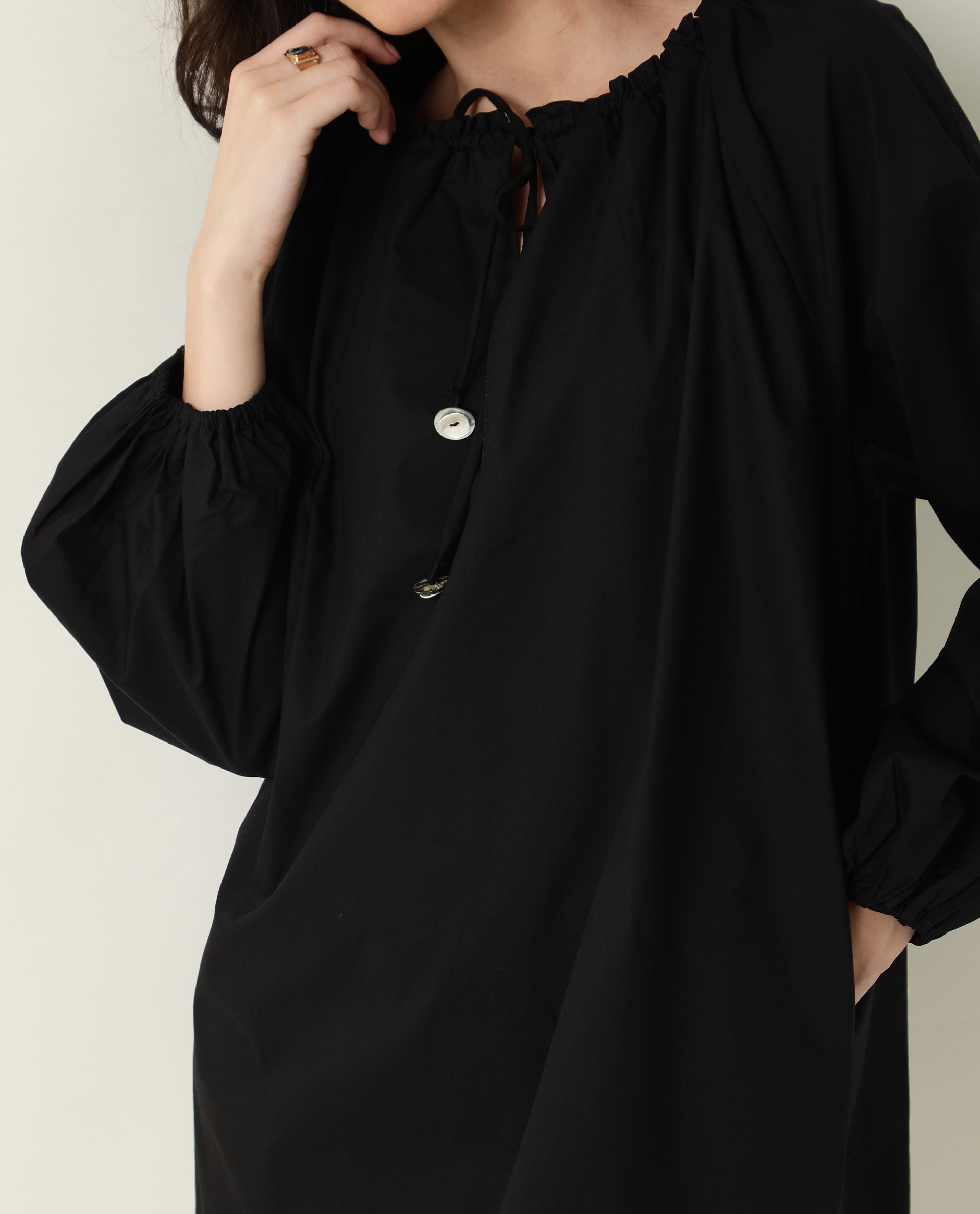 Rareism Women Sapie Black Gathered Neckline With Tie Up Full Sleeves And Pockets Mini Dress