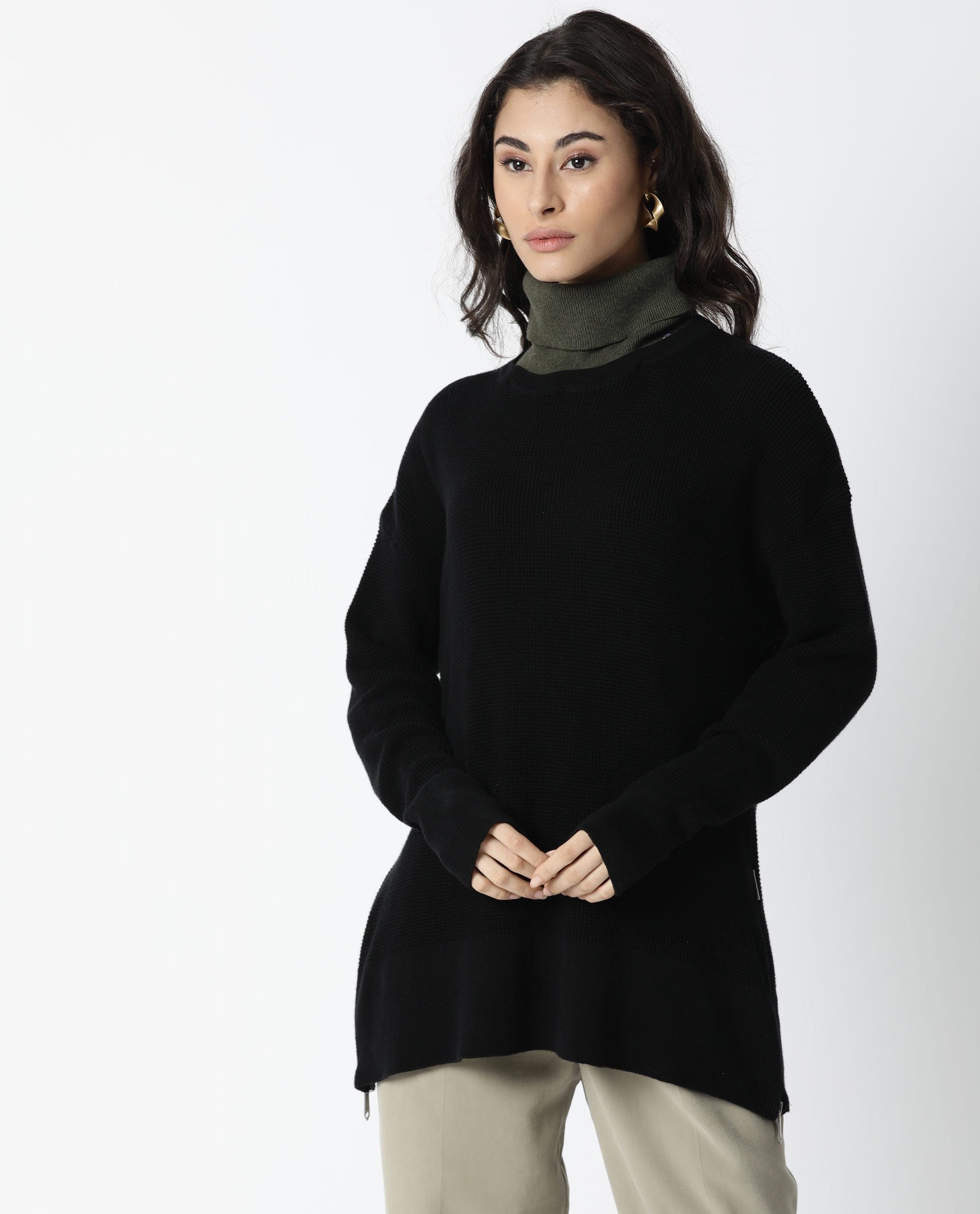 Rareism Women Zippo Black Cotton Fabric Full Sleeves Knee Length Relaxed Fit Solid Detachable Collar Sweater