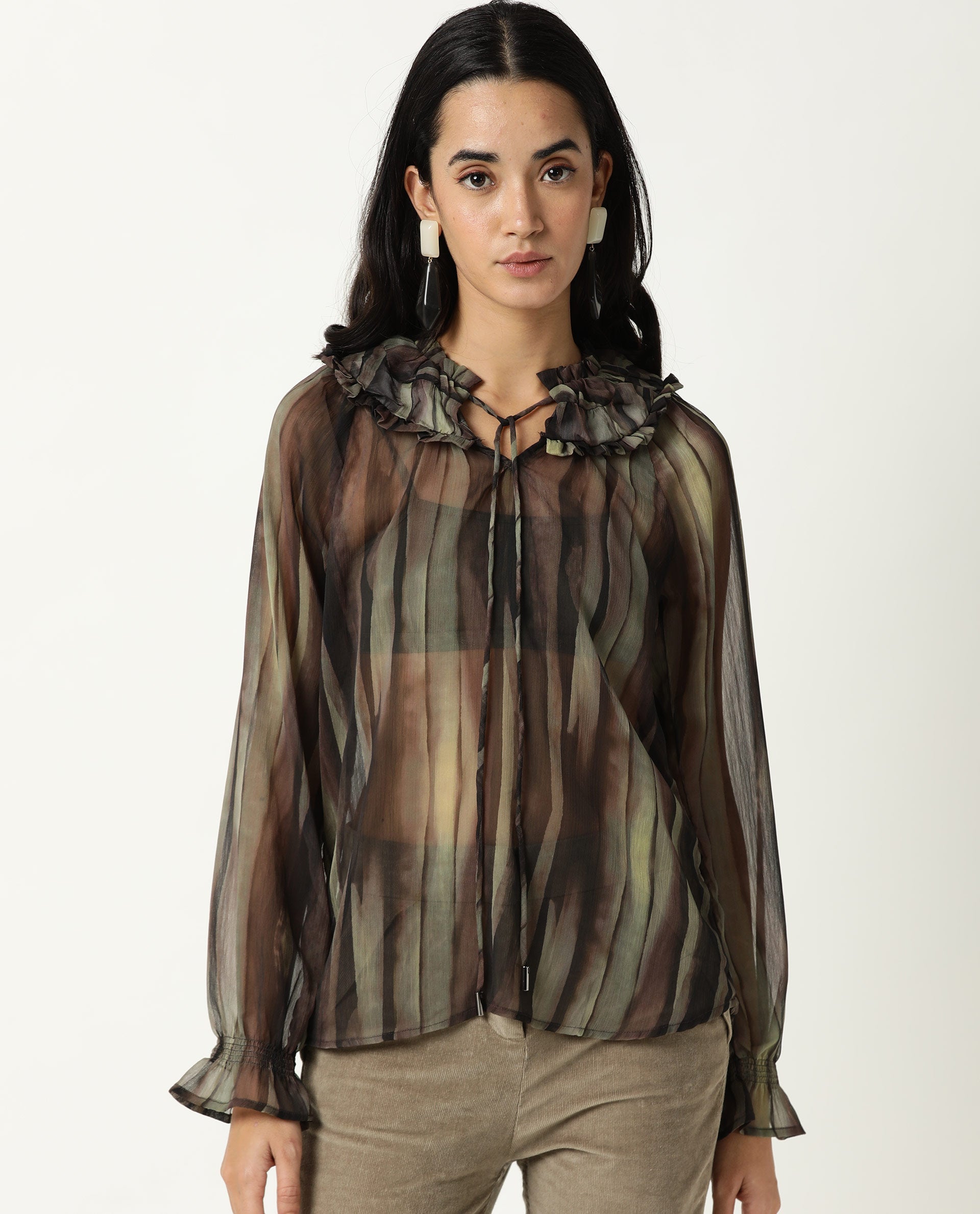 Rareism Womens Kade Green Top Viscose Fabric Loose Fit Extended Sleeves V Neck