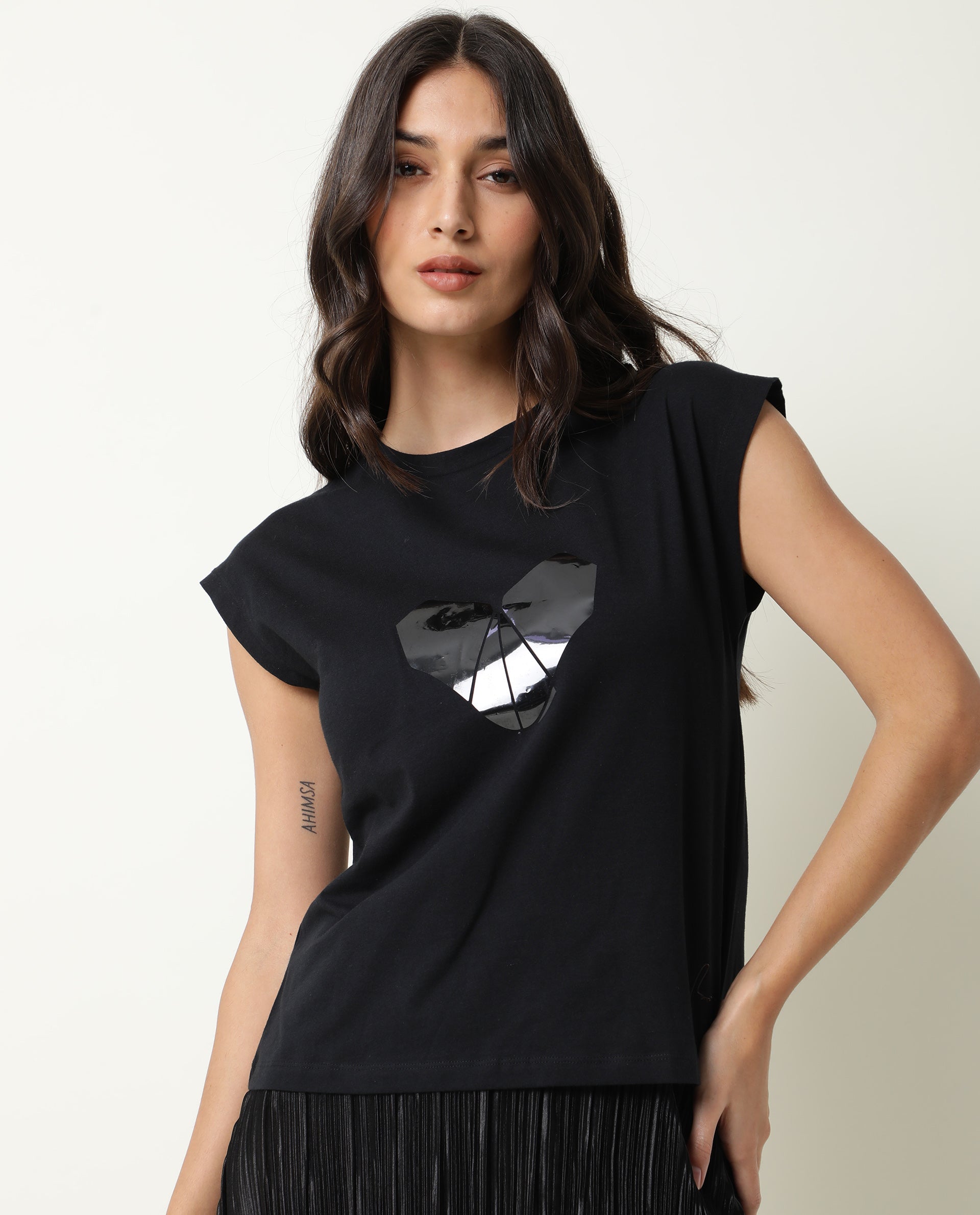 Rareism Womens Baga Black T-Shirt Cotton Fabric Crew Neck Short Sleeve