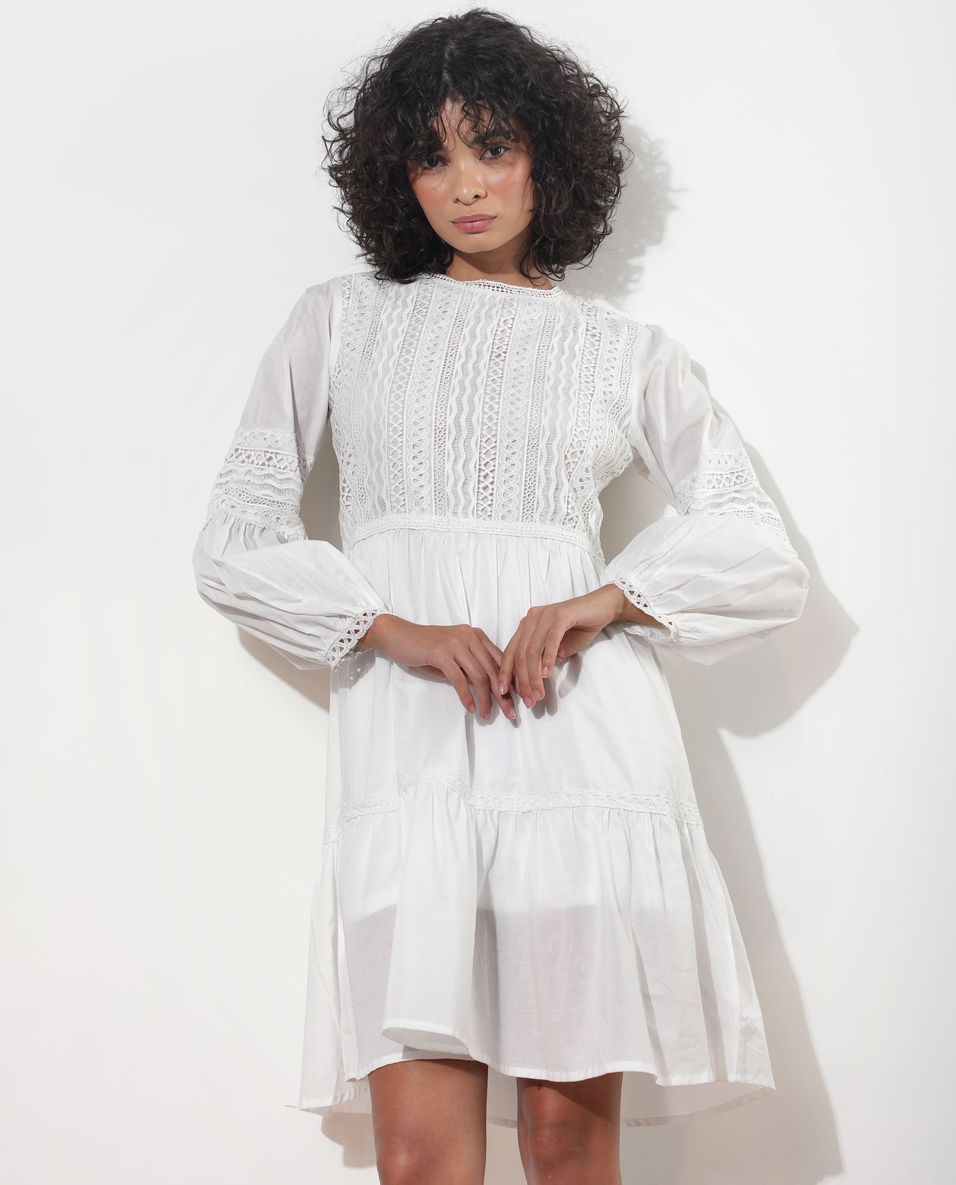 Rareism Women's Darmini White Cotton Crew Neck Plain Puff Sleeves Knee Length Relaxed Fit Dress