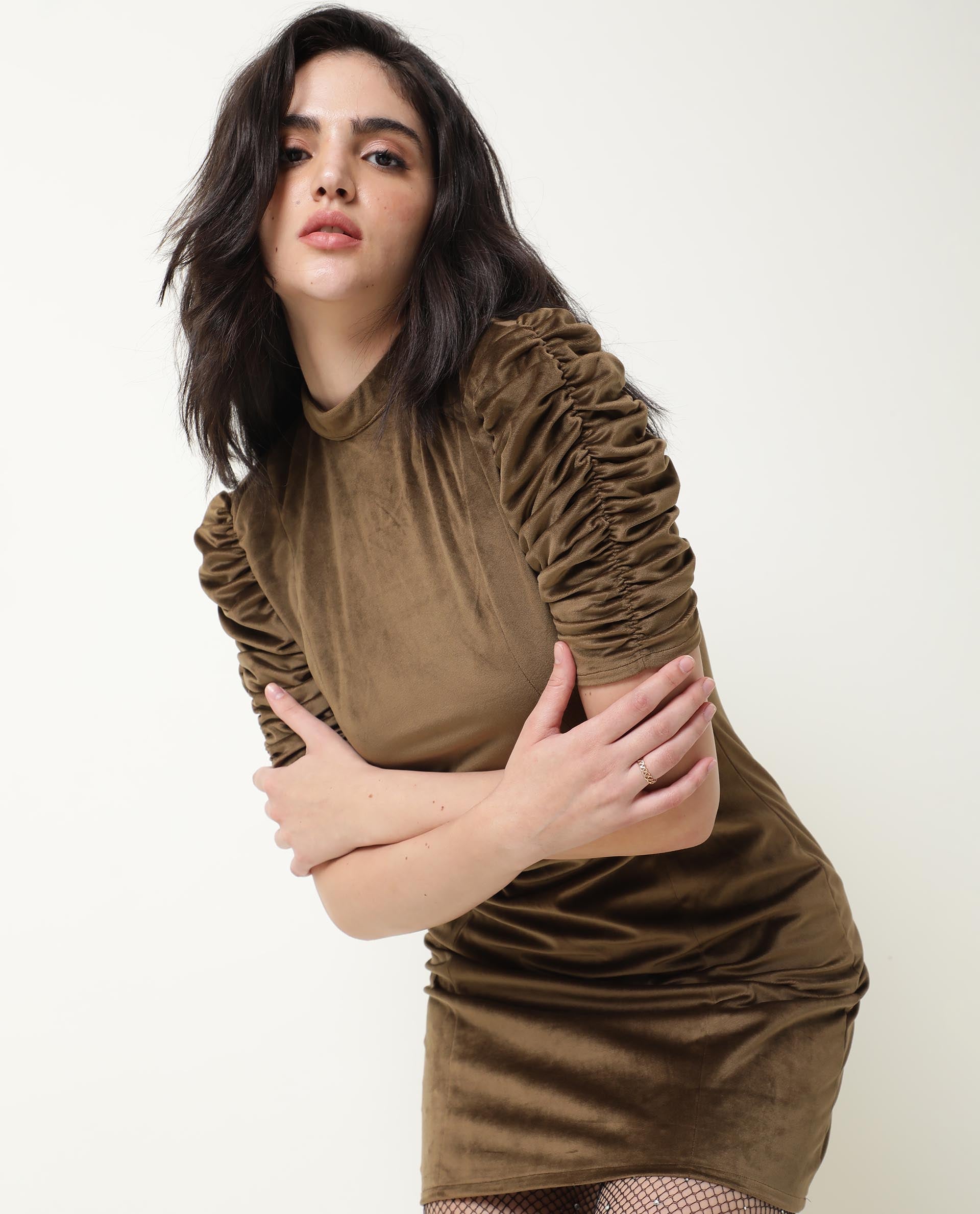 Rareism Women's Winey Olive High Neck Plain Knee Length Regular Fit Dress