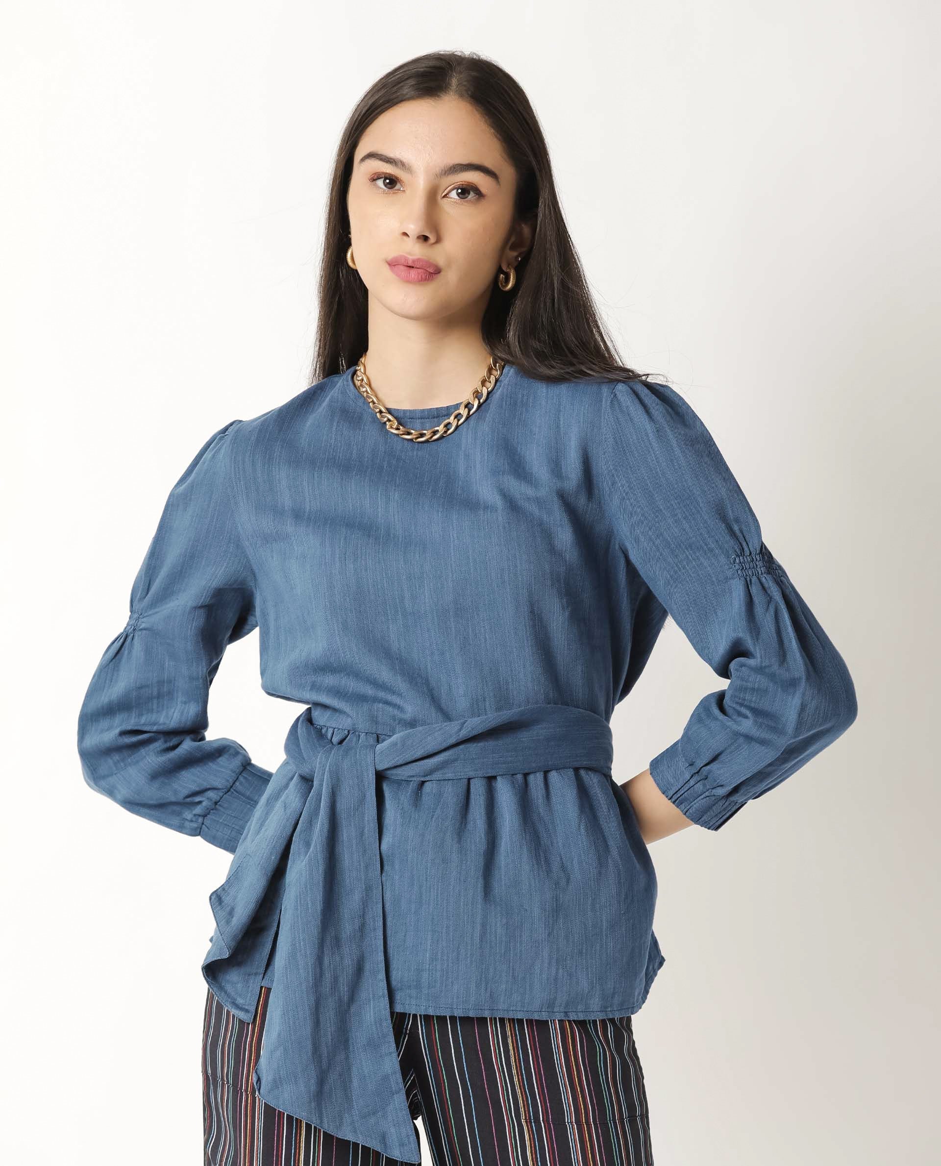 Rareism Womens Mocky Petrol Top Full Sleeve Elasticated Cuff Crew Neck