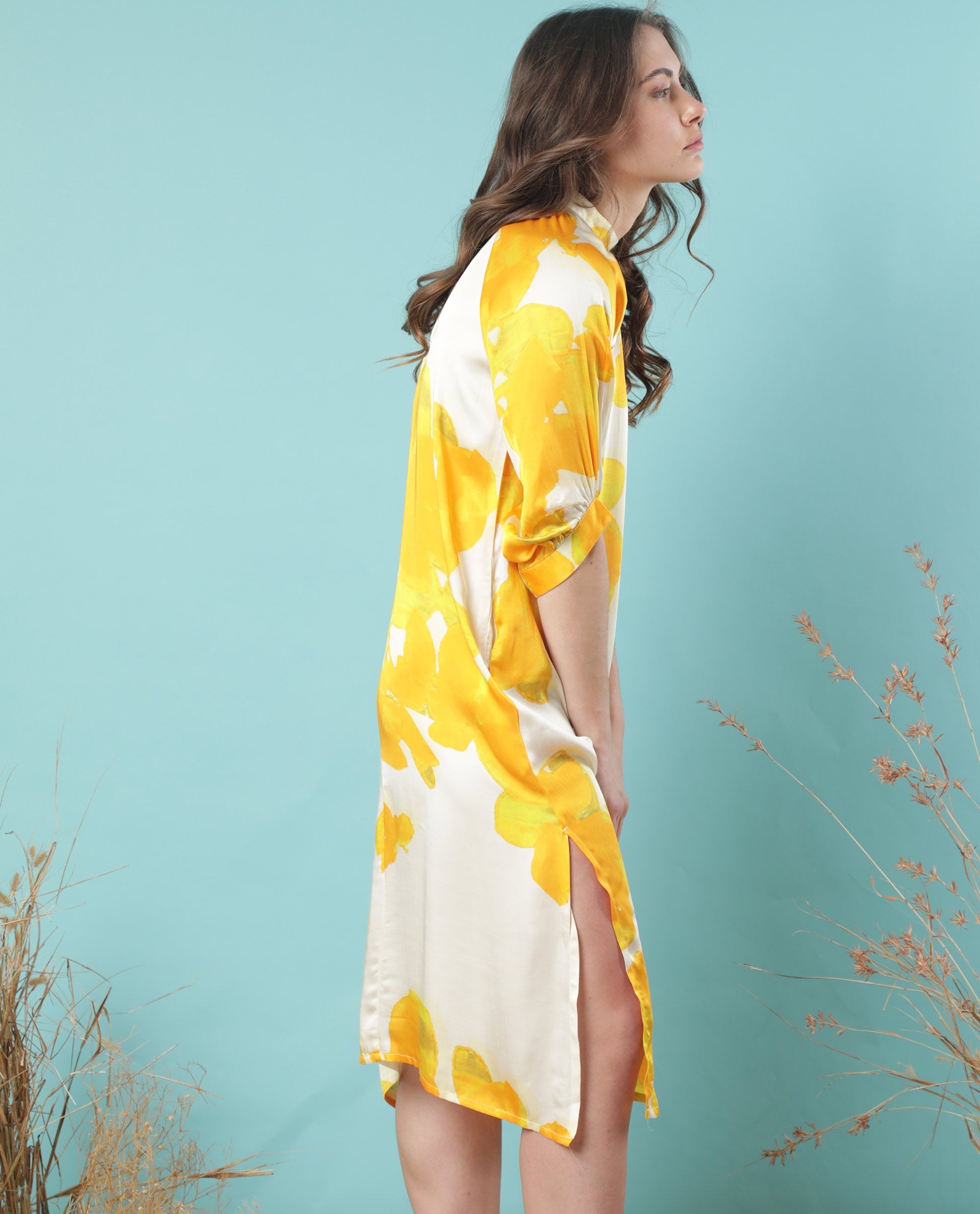 Rareism Women Tycoon Yellow Abstract Band Collar Half Sleeves With Puff And Pocket Knee Length Dress
