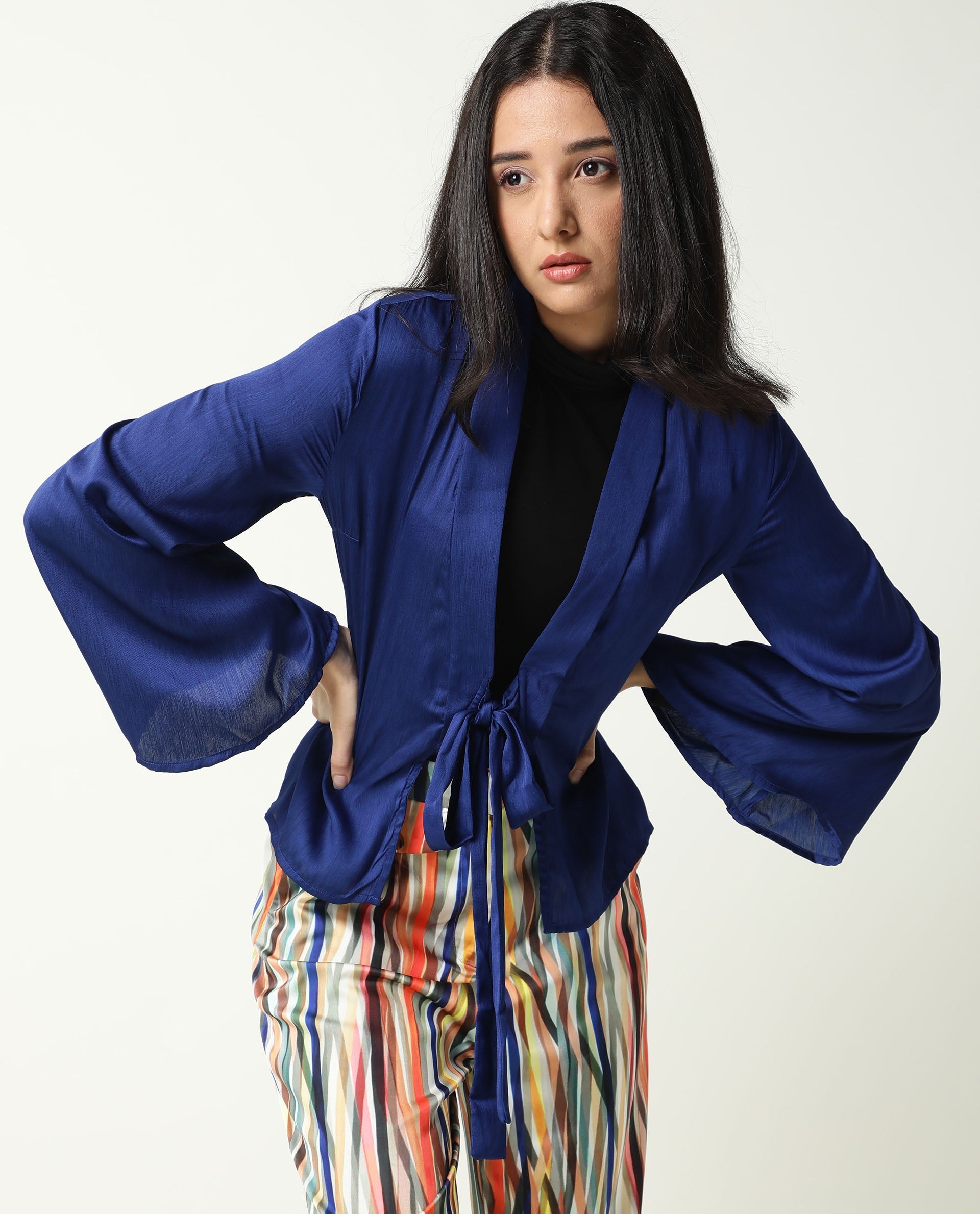 Rareism Women's Cuff Blue Polyester Shawl Neck Regular Fit Outer Wear