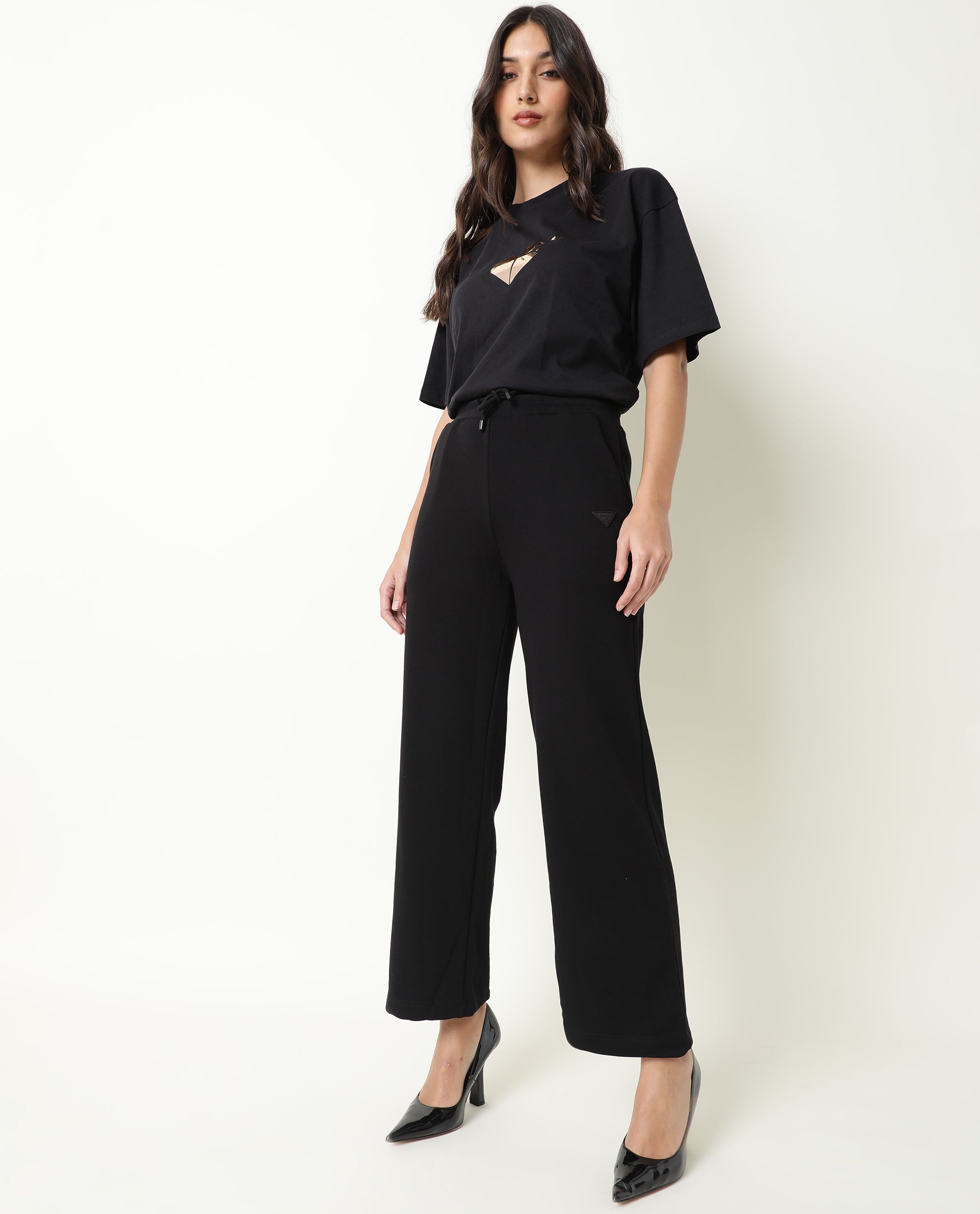 Rareism Womens Nat Black T-Shirt Cotton Fabric Regular Fit Half Sleeve Round Neck