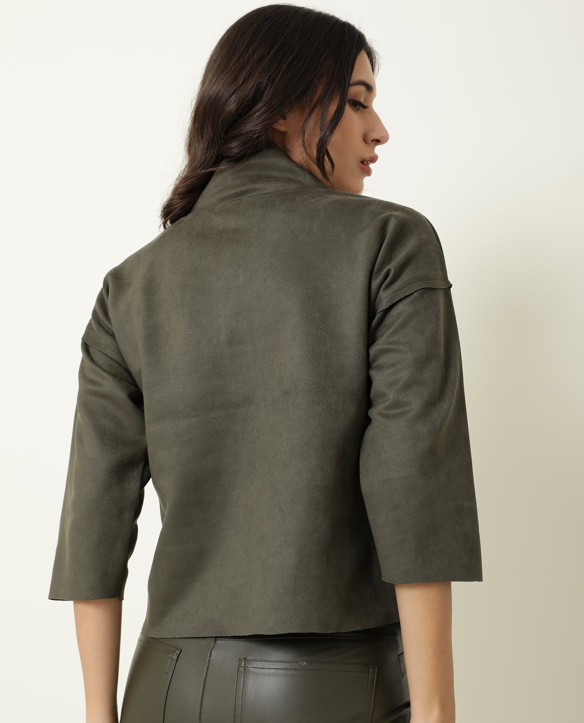 Rareism Women Vasu Olive Polyester Fabric 3/4Th Sleeves Solid High Neck Jacket