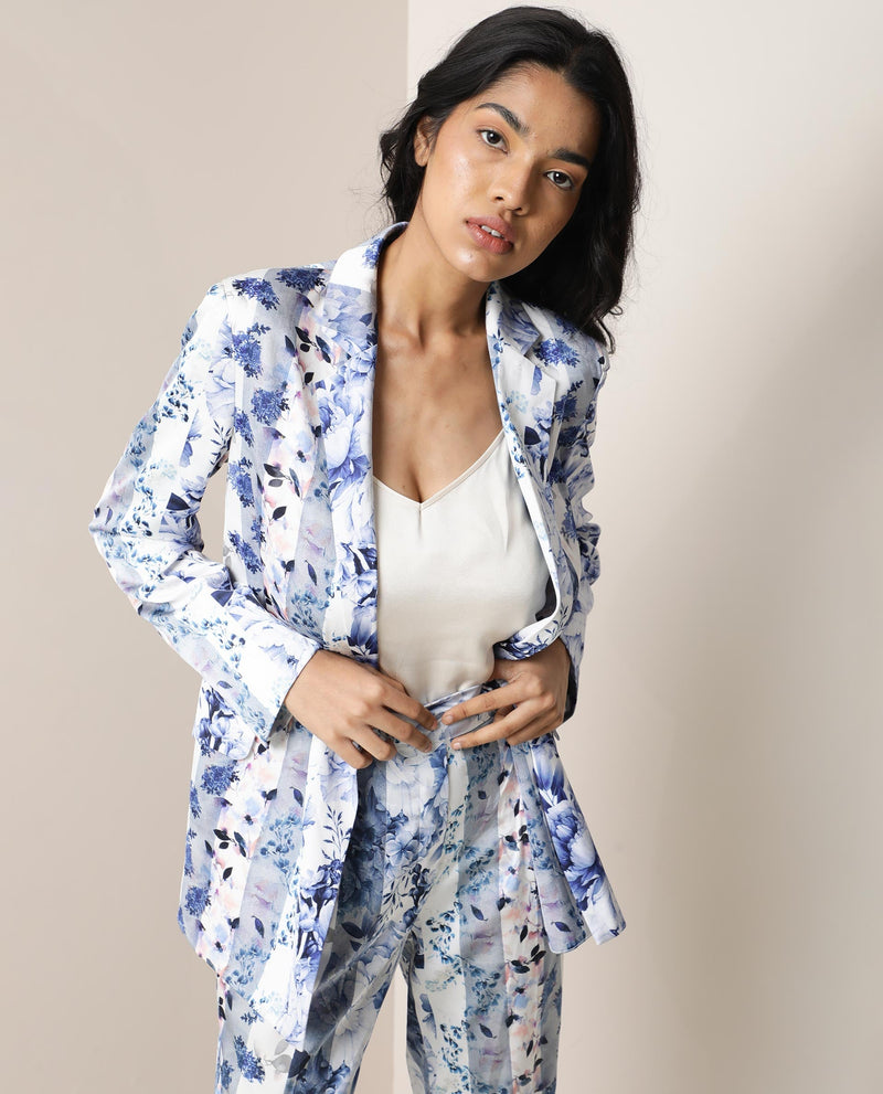 Rareism Women Shabella Light Blue Polyester Fabric Full Sleeves Button Closure Lapel Neck Tailored Fit Floral Print Blazer