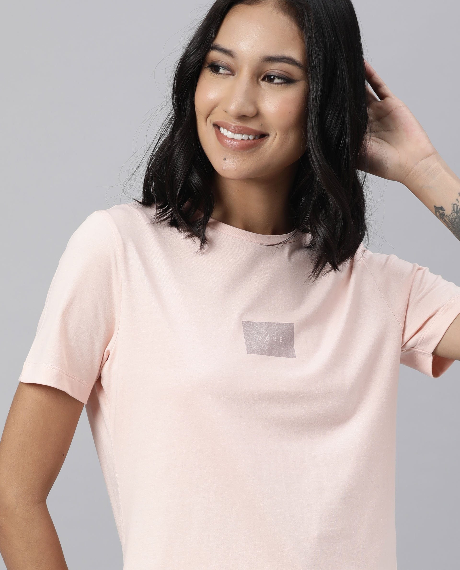 Rareism Women Luani Light Peach Cotton Fabric Regular Fit Half Sleeves Graphic Print Round Neck T-Shirt