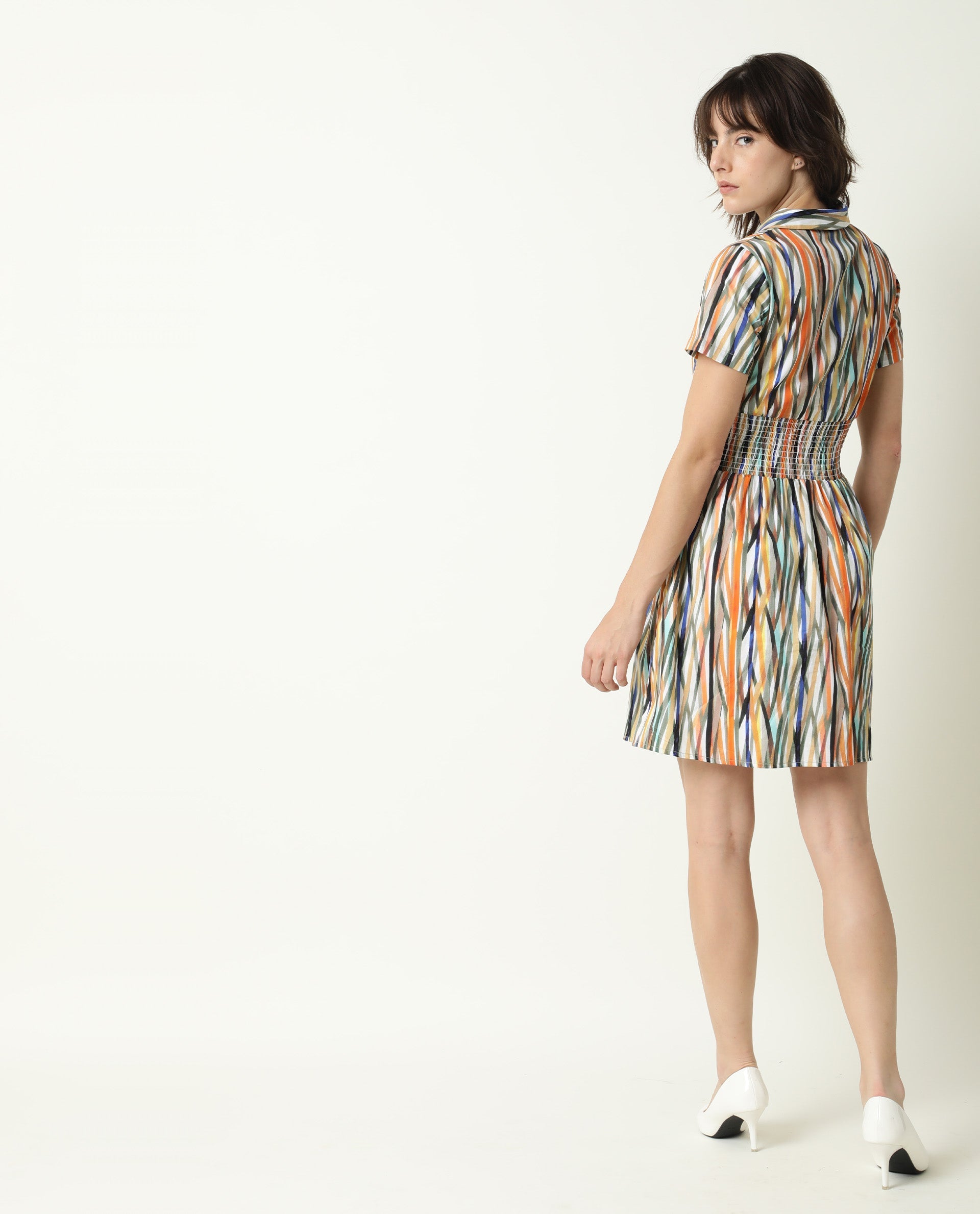Rareism Women's Shallom Multi V-Neck Abstract Print Knee Length Regular Fit Dress