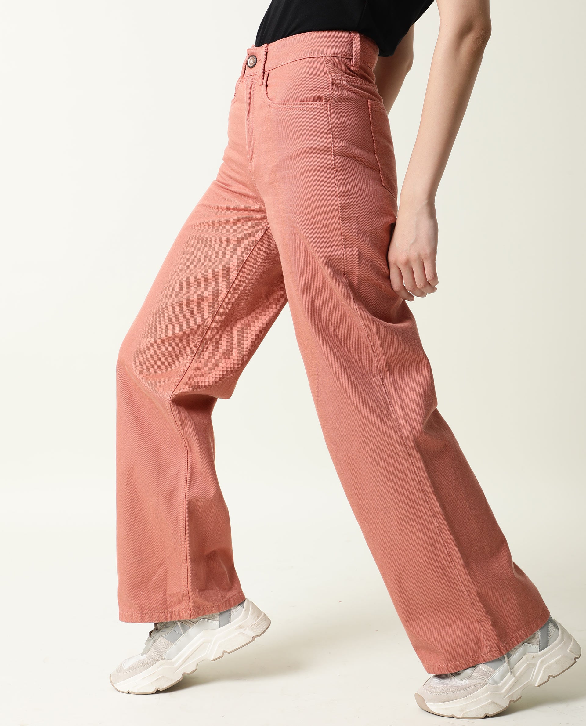 Rareism Women Ginno Light Peach Cotton Fabric Regular Fit Mid Rise Solid Ankle Length Trousers