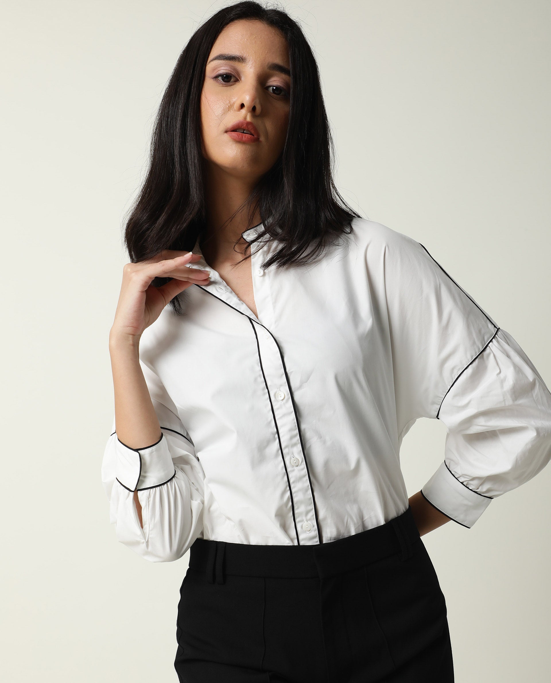 Rareism Womens Baki White Top Cotton Fabric Regular Fit Cuffed Sleeve Collared Neck