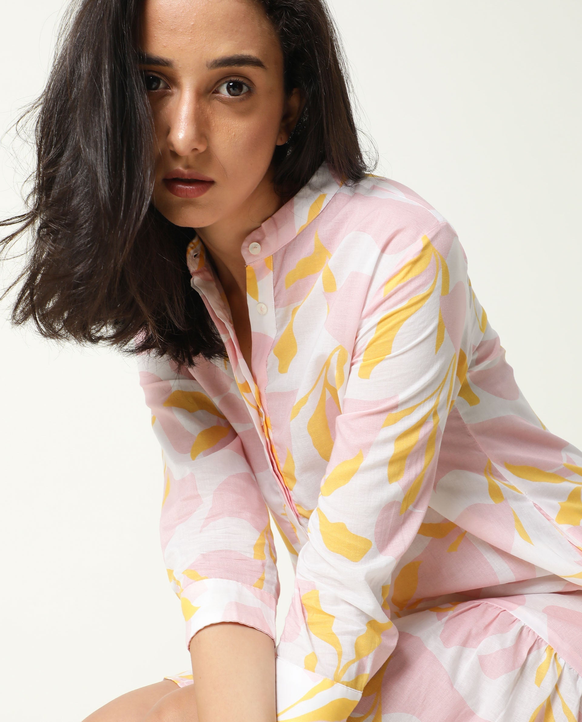 Rareism Women Champ Pink Abstract Print High Neck 3/4 Sleeves Front Full Button Closure Placket Mini Dress