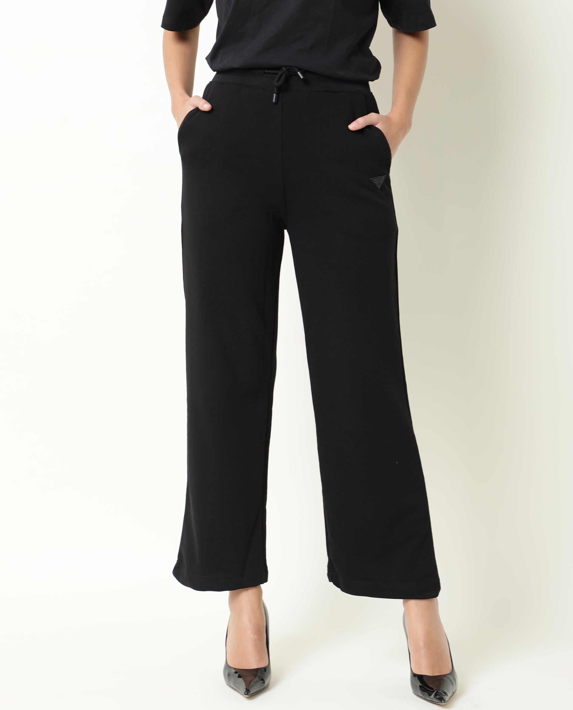Rareism Women Pazo-1 Black Poly Cotton Fabric Relaxed Fit Solid Mid Rise Ankle Length Track Pant