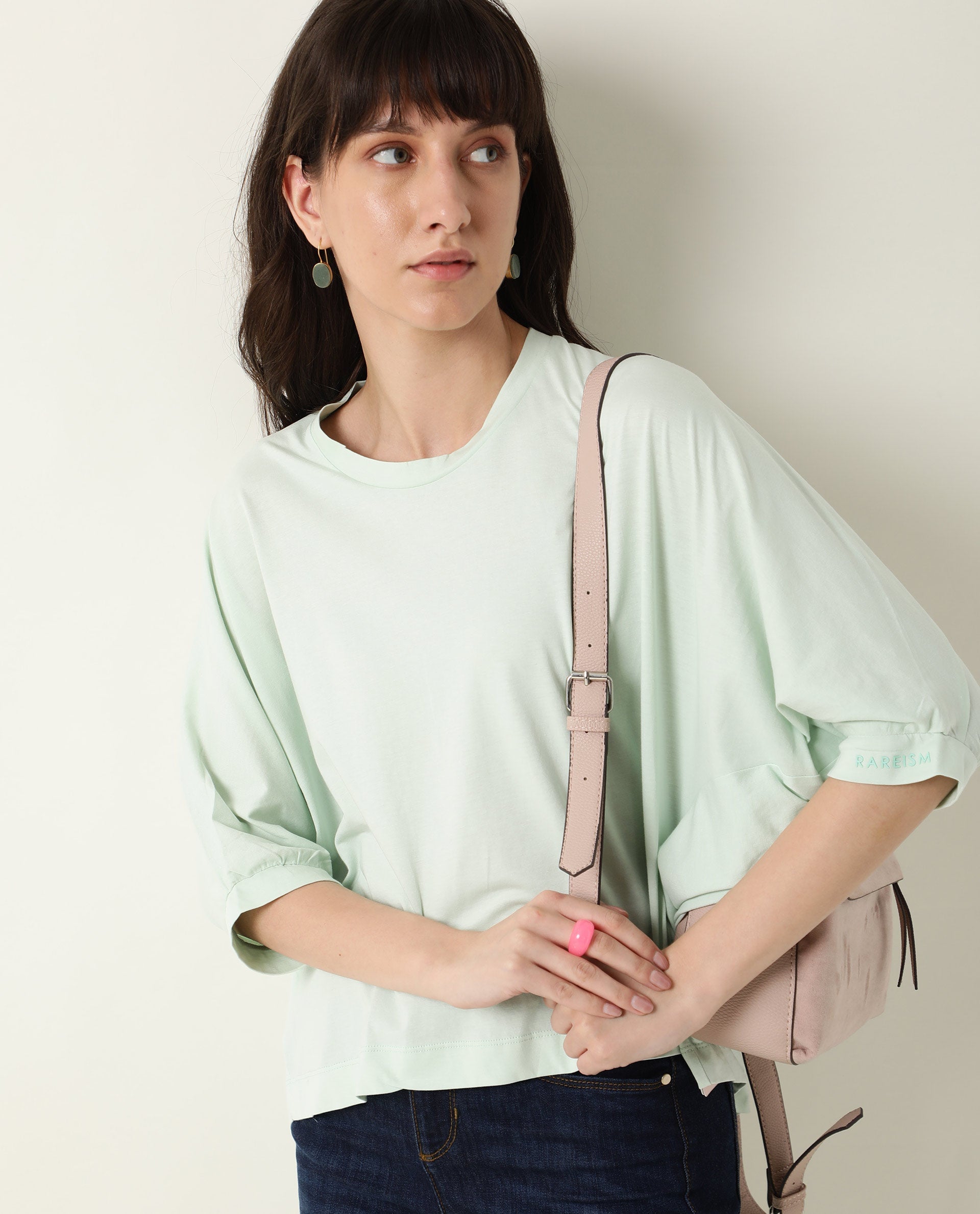 Rareism Womens Osmo Green Top Cotton Fabric Regular Fit Volume Sleeve Round Neck