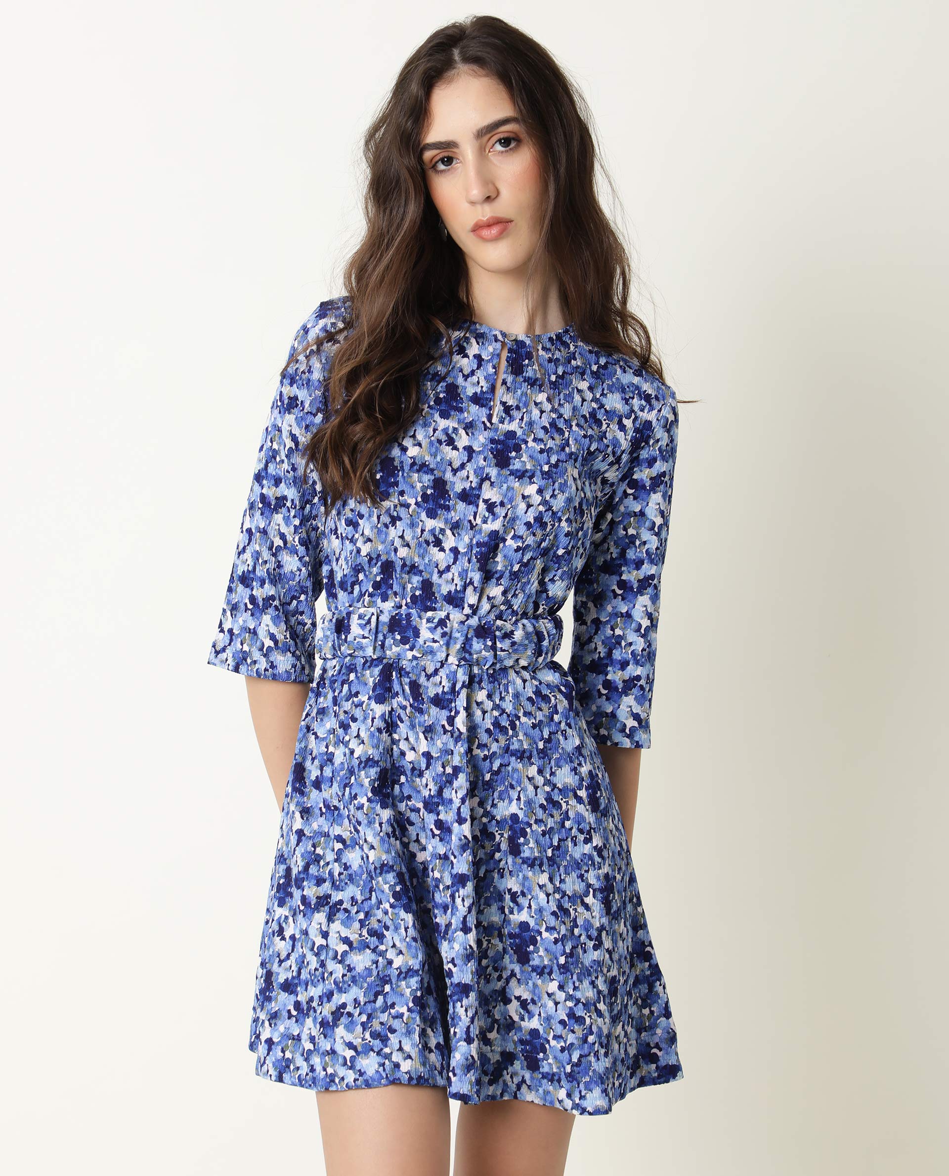 Rareism Womens Maisey Blue Dress Polycoton  Fabric  Half Sleeve Round Neck