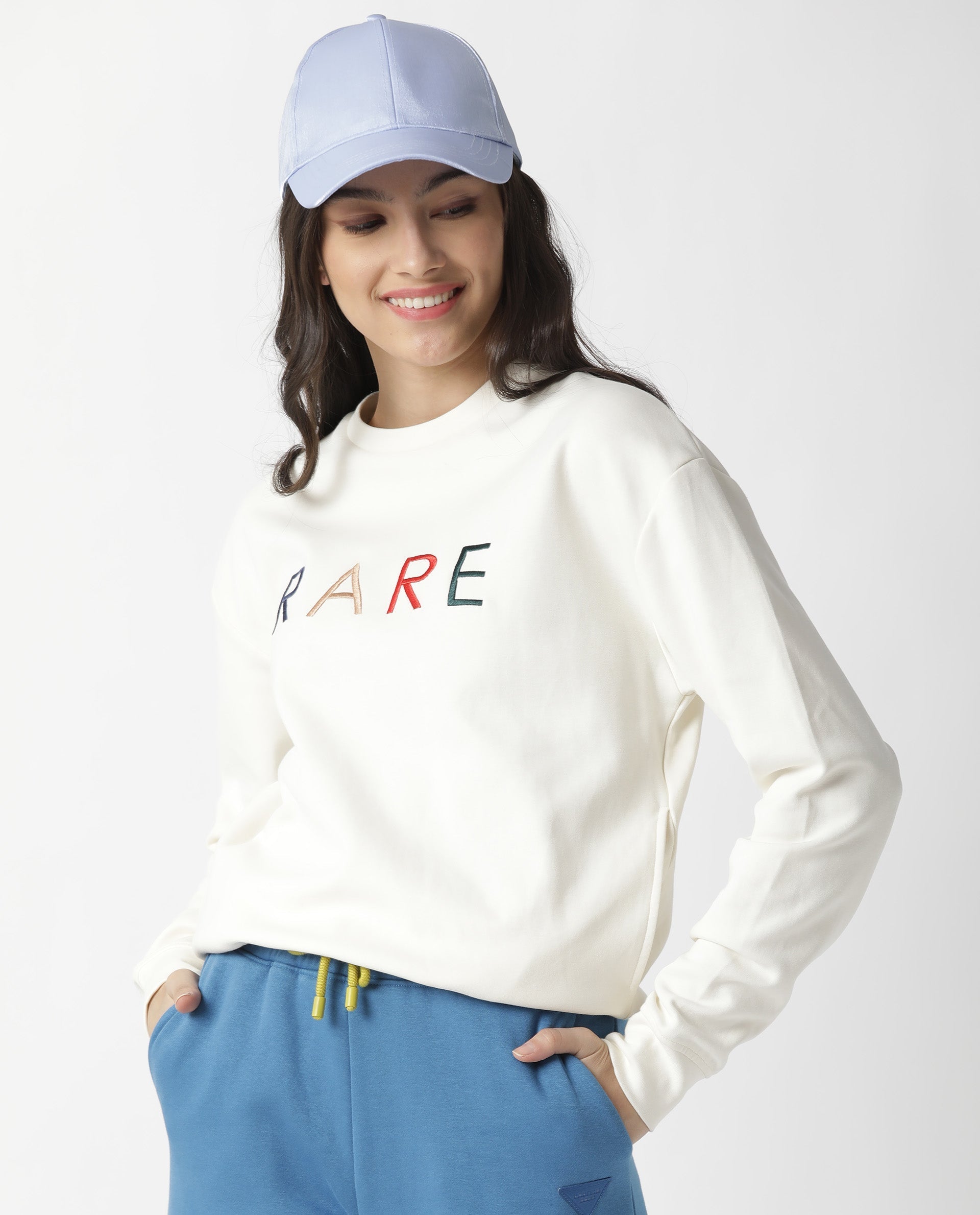 Rareism Women Host Off White Cotton Linen Fabric Relaxed Fit Full Sleeves Solid Crew Neck Sweatshirt