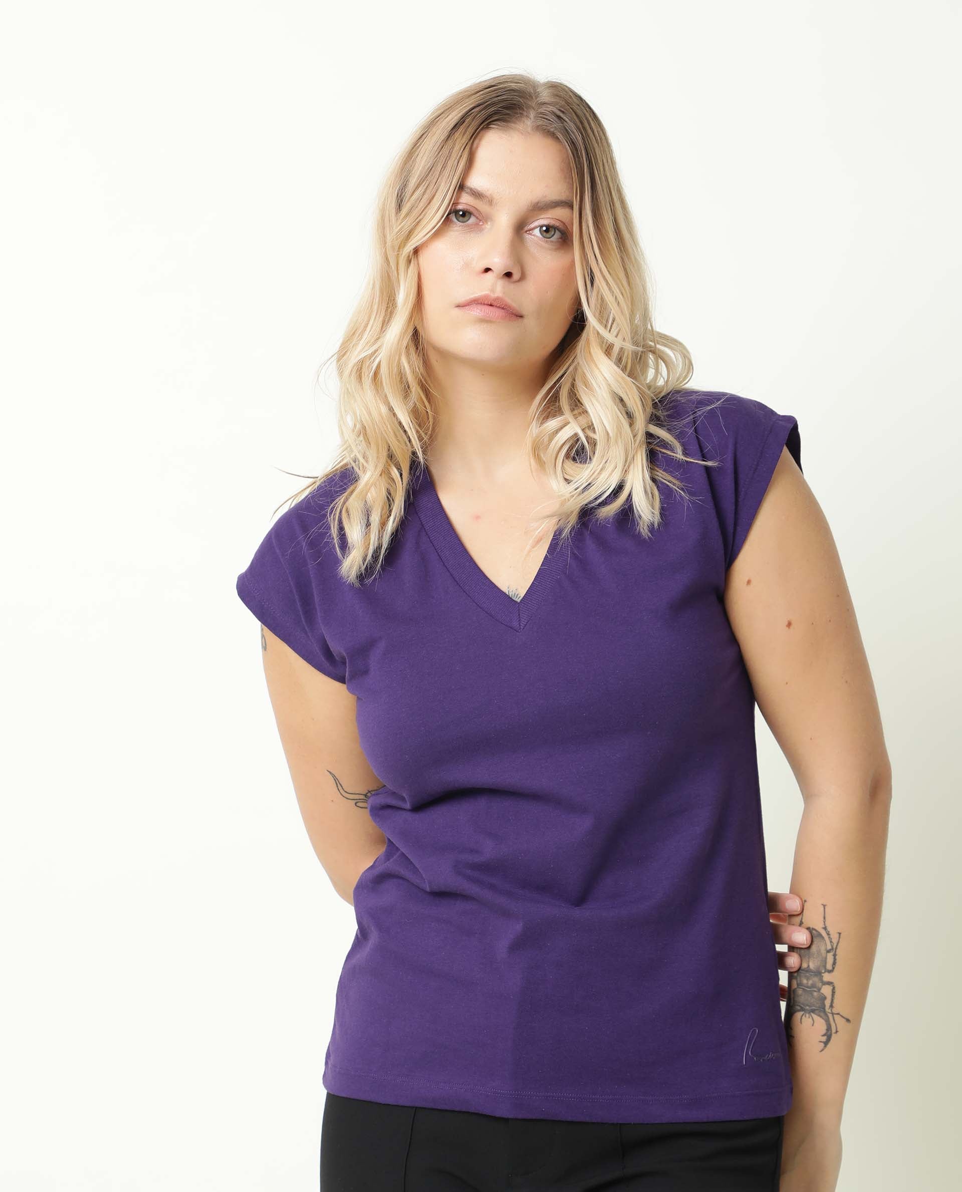 Rareism Women Debra Purple Cotton Fabric Regular Fit Half Sleeves Solid Crew Neck T-Shirt