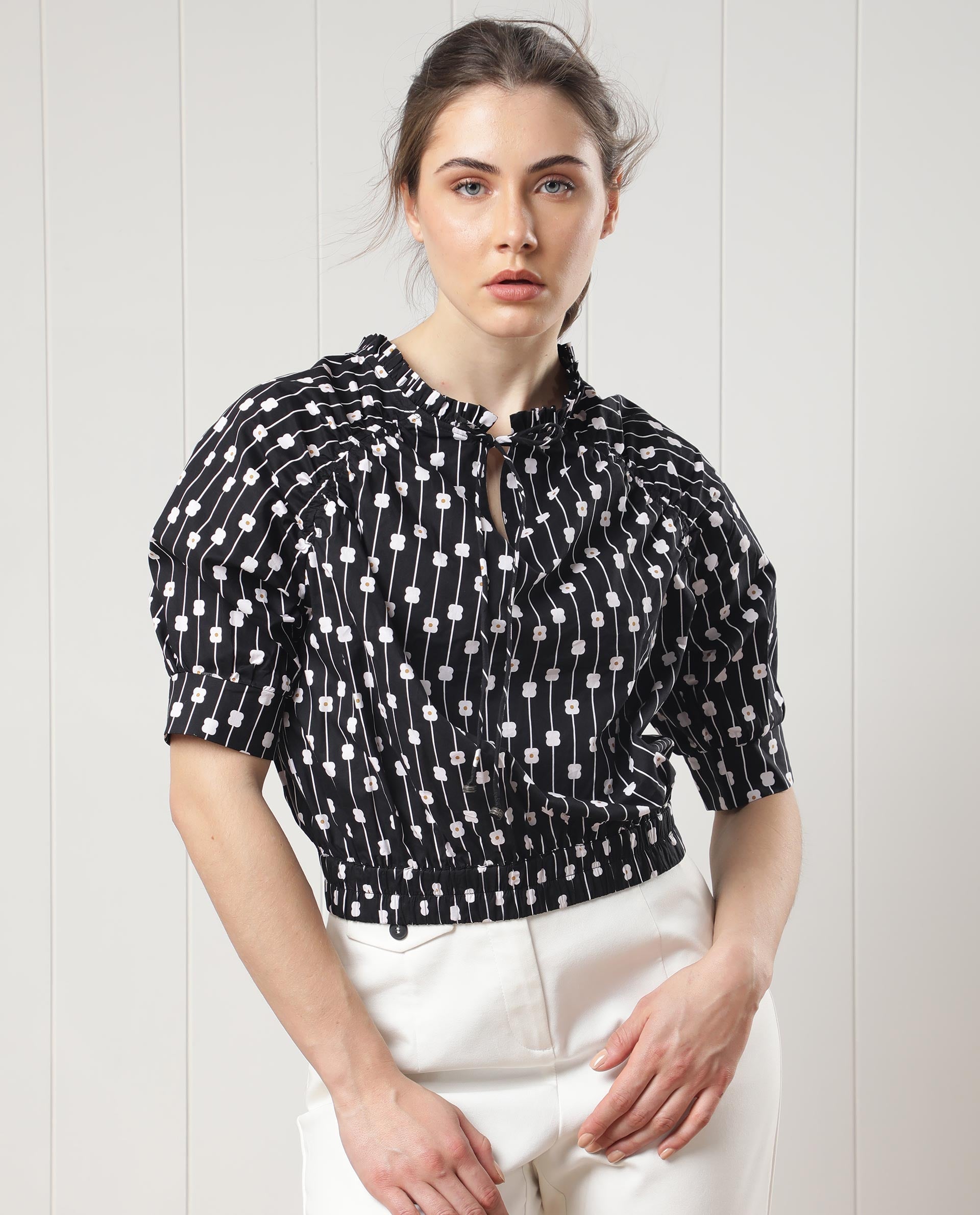 Rareism Women's Jack Black Cotton Tie-Up Neck Floral Print Volume Sleeve Relaxed Fit Top