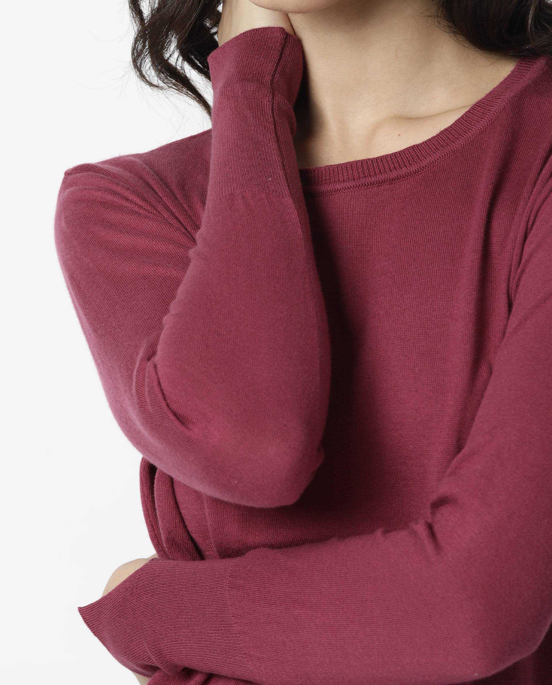 Rareism Women Plum Pink Cotton Fabric Full Sleeves Regular Fit Solid Boat Neck Sweater