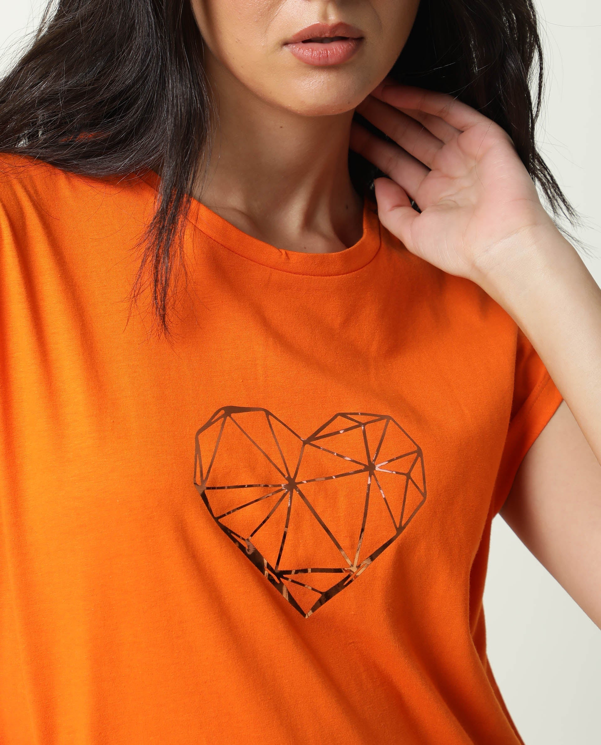 Rareism Women Race Orange Cotton Fabric Regular Fit Half Sleeves Graphic Print Round Neck T-Shirt