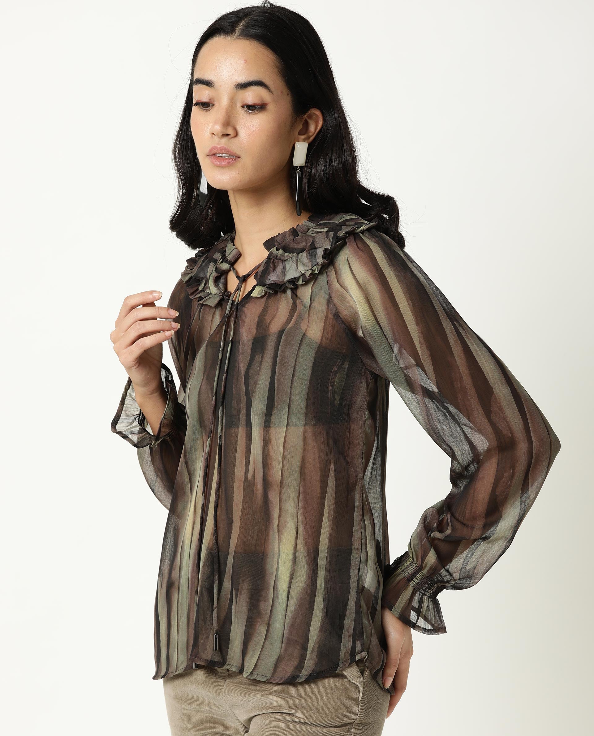 Rareism Womens Kade Green Top Viscose Fabric Loose Fit Extended Sleeves V Neck