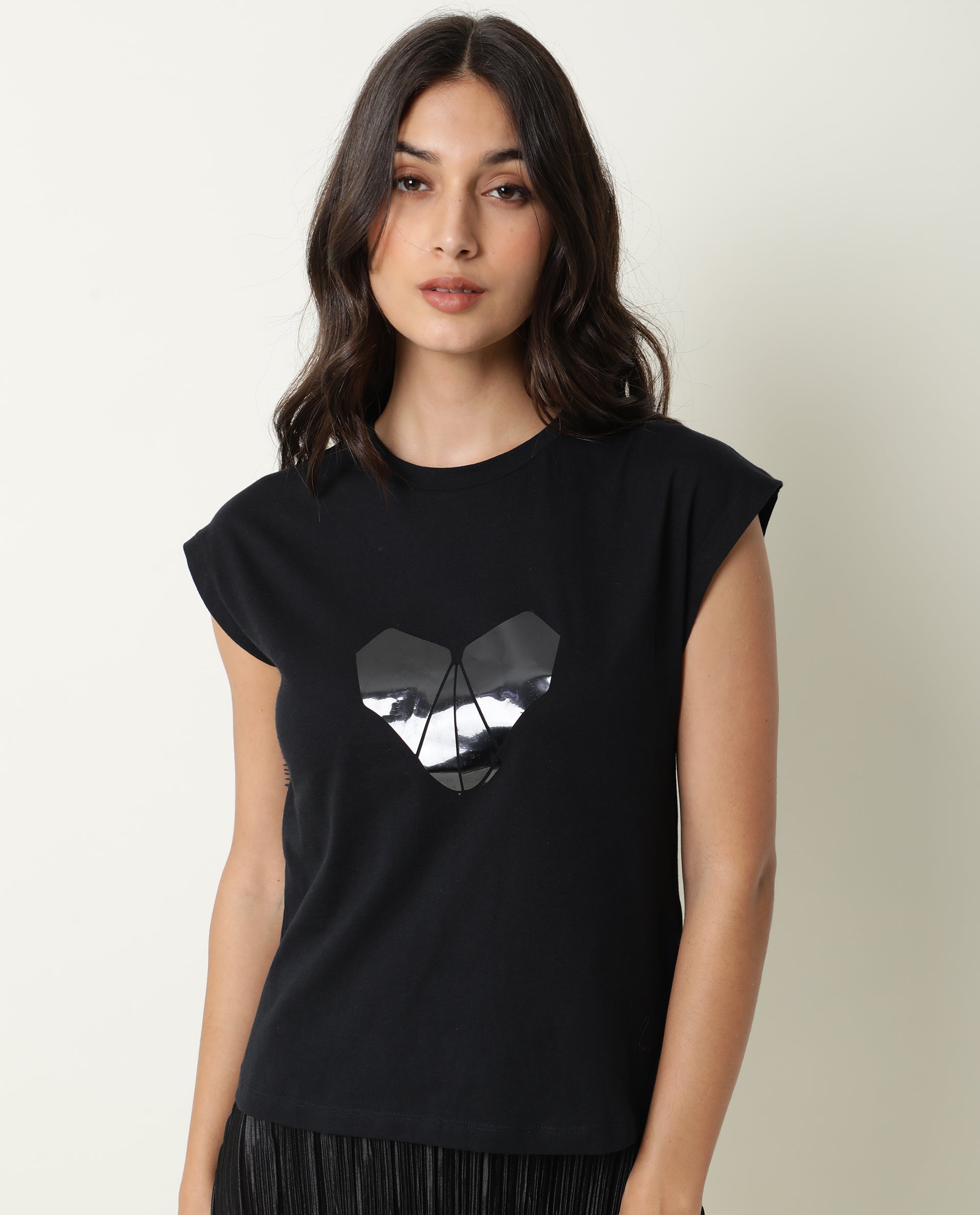 Rareism Womens Baga Black T-Shirt Cotton Fabric Crew Neck Short Sleeve