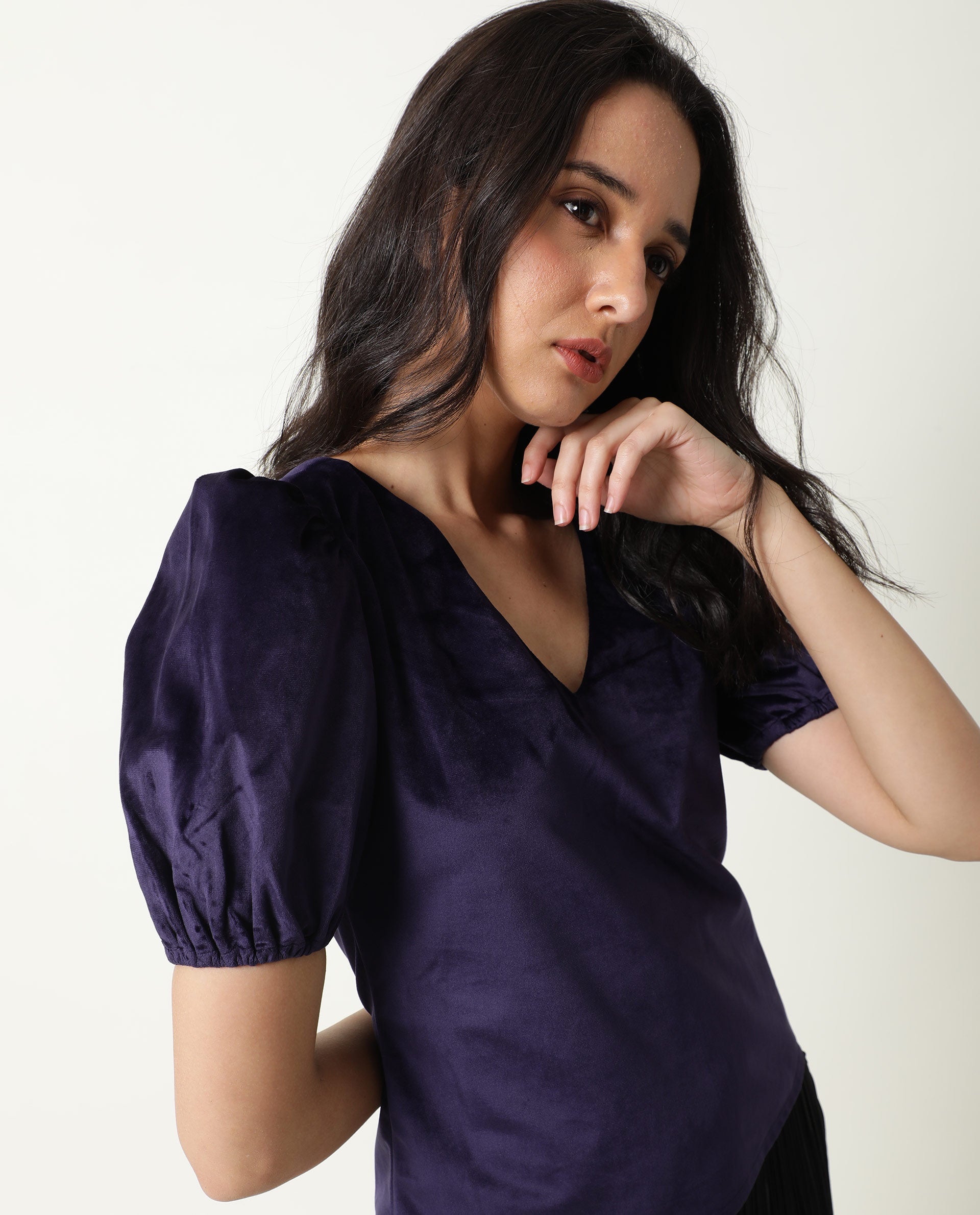 Rareism Womens Mun Navy Top Suede Fabric  Half Sleeve V Neck