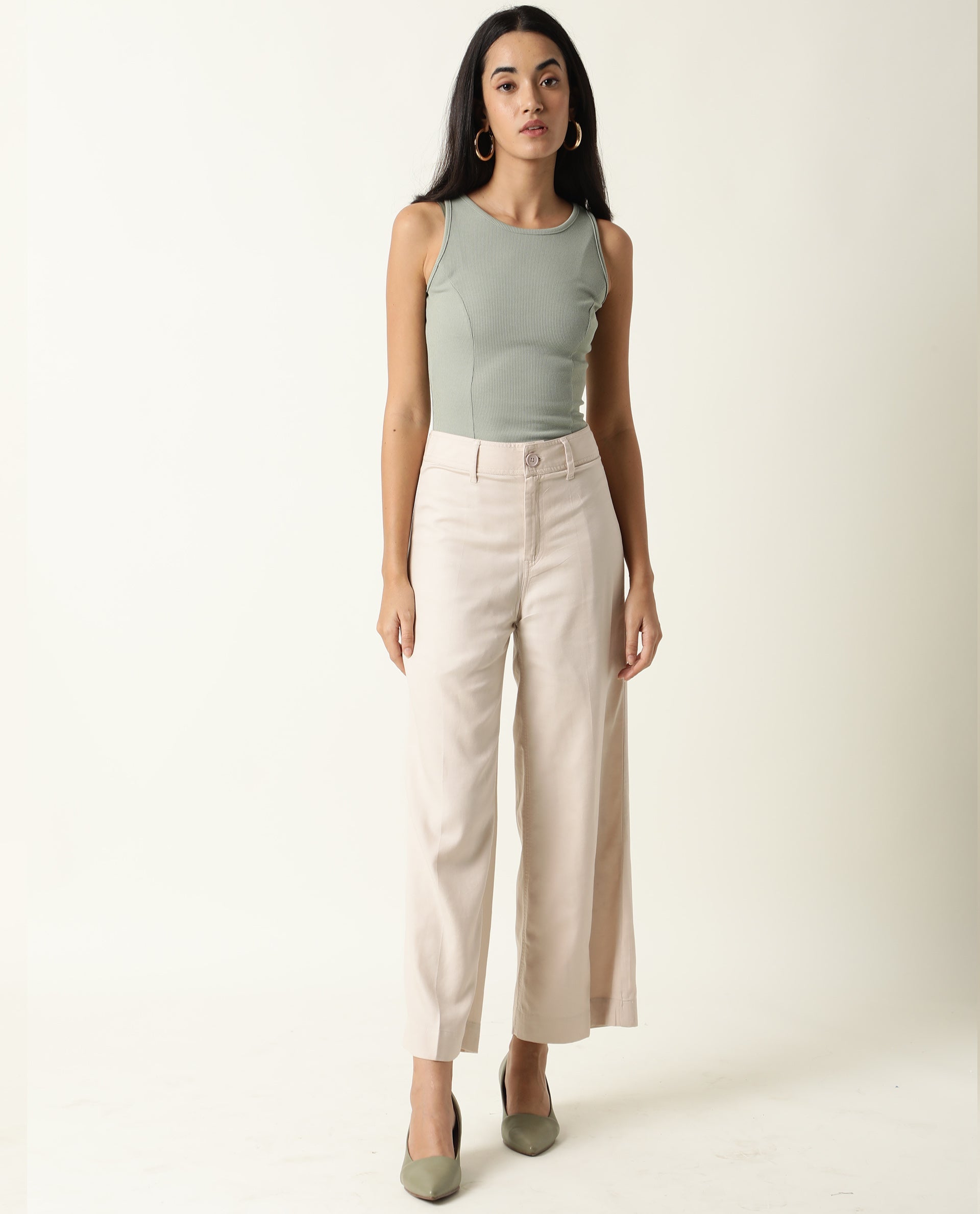 Rareism Women Micky Beige Cotton Lyocell Fabric Tailored Fit Mid Rise Solid Ankle Length Trousers