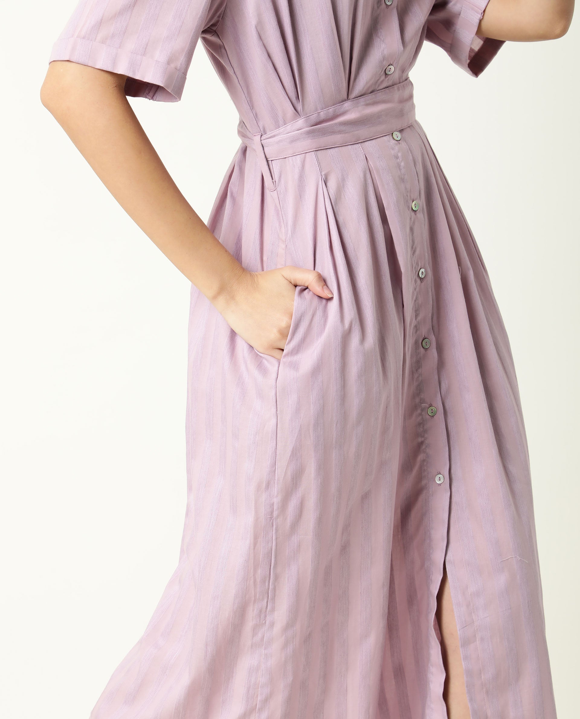 Rareism Women Paris Pink Shirt Collar Short Sleeves Front Full Button Closure Placket Fabric Tie Up Belt Pocket Midi Dress