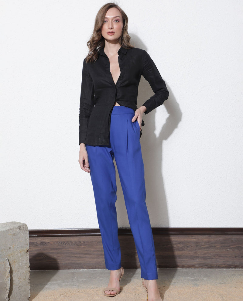 Rareism Women Rosalia Dark Blue Poly Viscose Fabric Relaxed Fit High Rise Solid Ankle Length Trousers