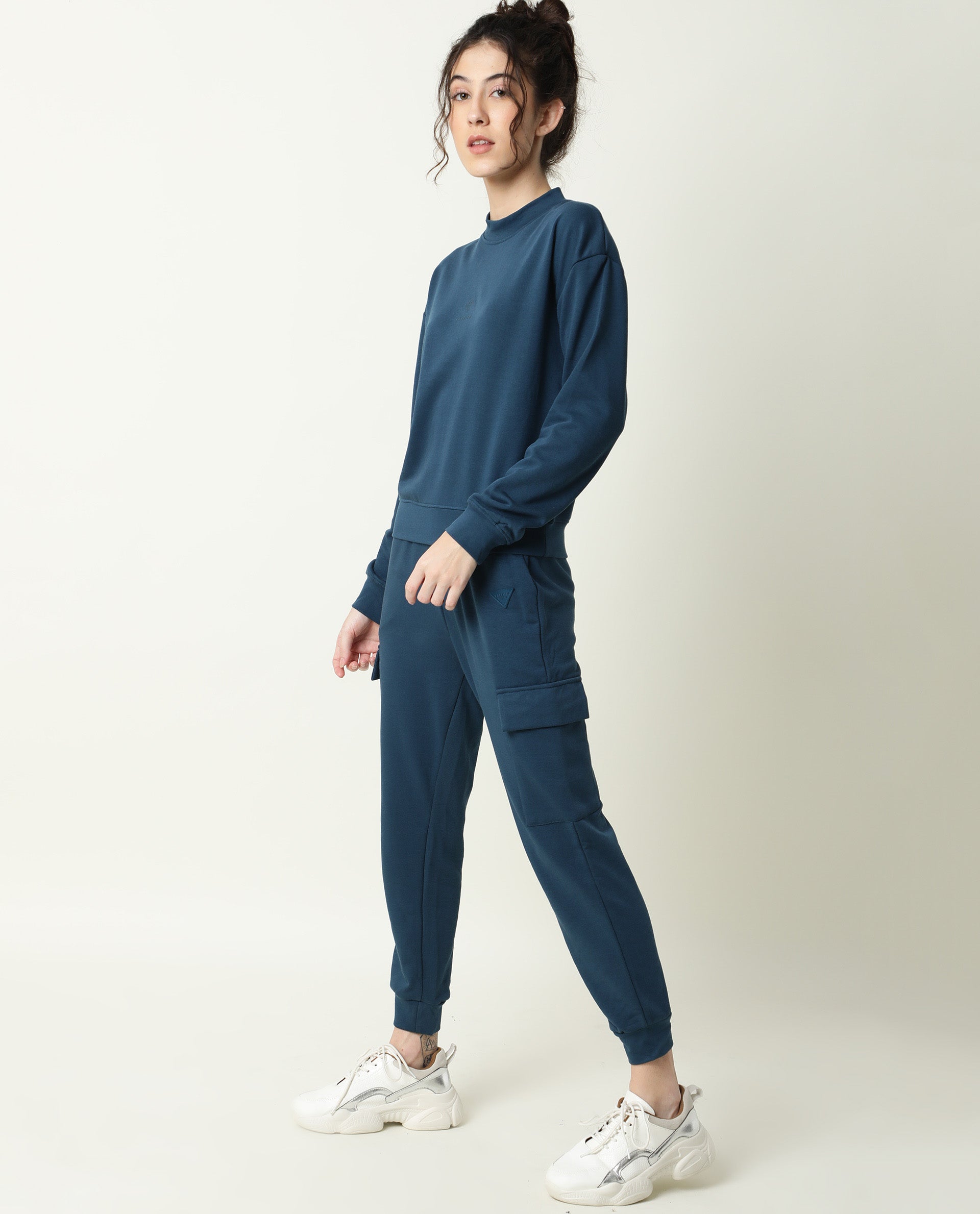 Rareism Women Nush-1 Petrol Poly Cotton Fabric Regular Fit Solid Mid Rise Ankle Length Track Pant